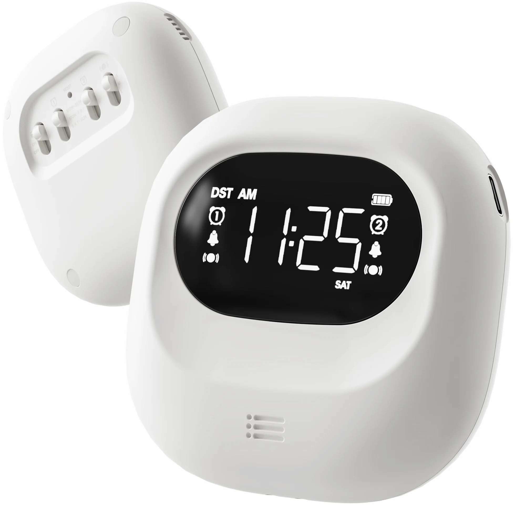 ROCAM Despertador con vibración para Personas Que Duermen Mucho, Funciona con Pilas, Volumen Ajustable en 5 Niveles, Alarma Doble/Fin de Semana, Snooze, 12/24H, DST, Reloj Digital portátil