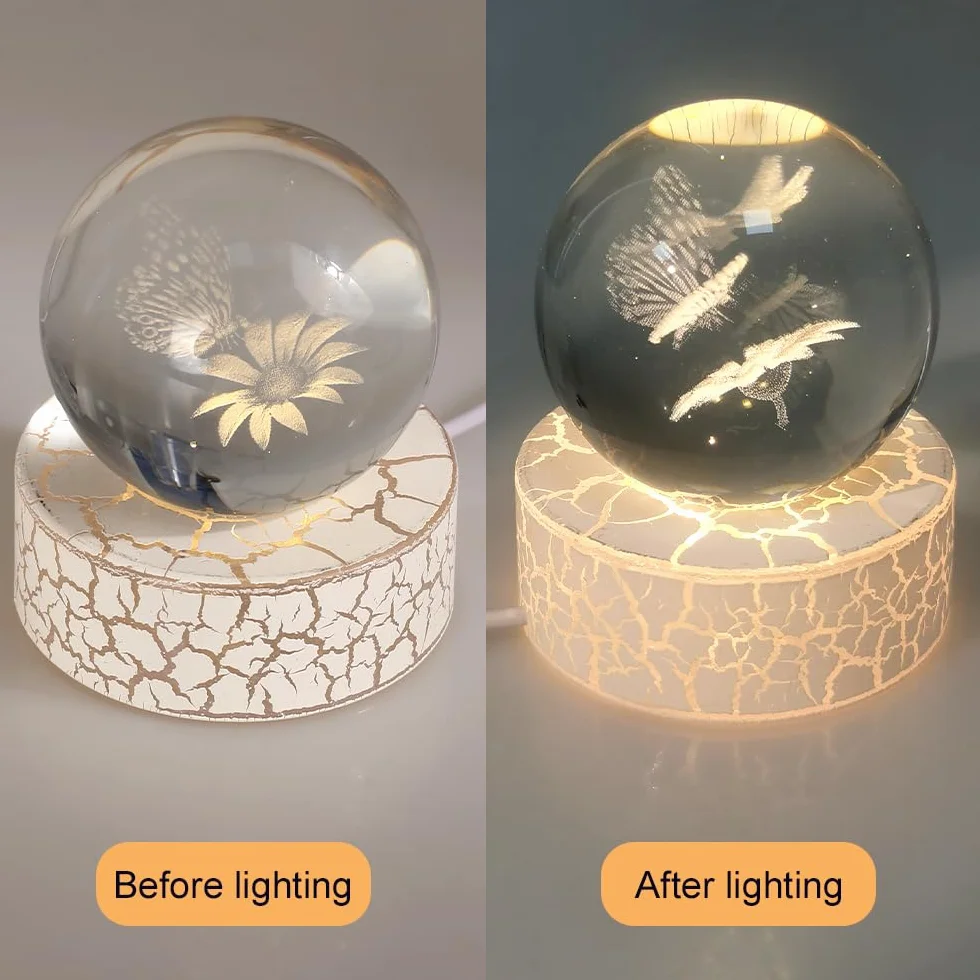DONGKER Girasoles 3D con bolas de mariposas, bola de cristal de 2.36 pulgadas, flor de mariposa con base de luz para decoración del hogar