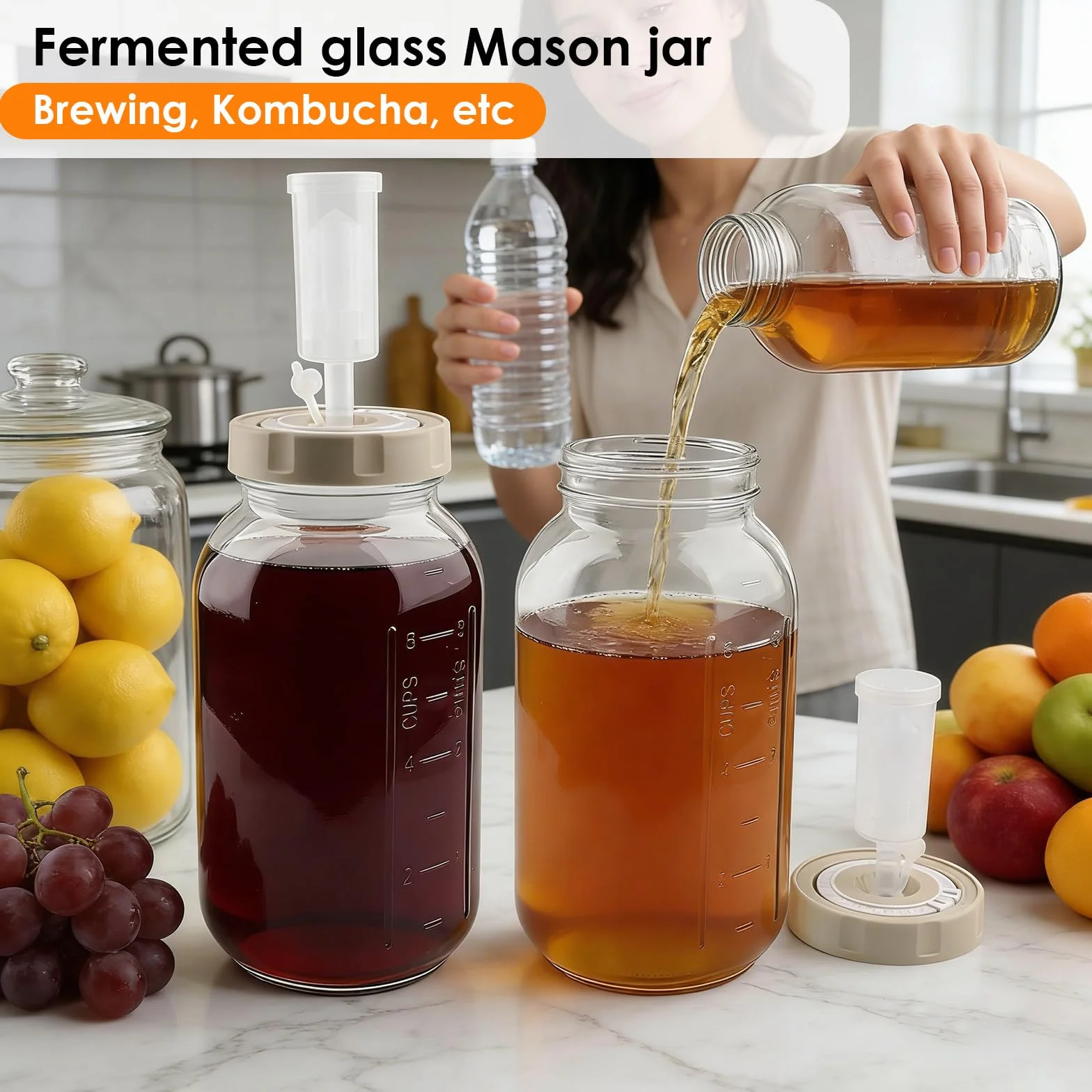 2 tarros de fermentación de 2 litros con indicador de fecha y cierre hermético - Perfecto para chucrut, kimchi, kombucha (paquete de 2)