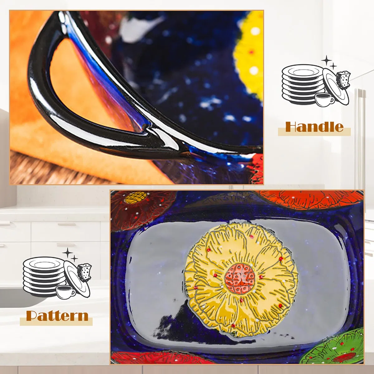 Fuente de Horno Cerámica con Asas, Moldes para Hornear Rectangulares 19,5 x 13 cm, Platos de Cerámica para Gratinar, Lasagna, Pasta, Carne, para Horno, Microondas (Azul Oscuro)