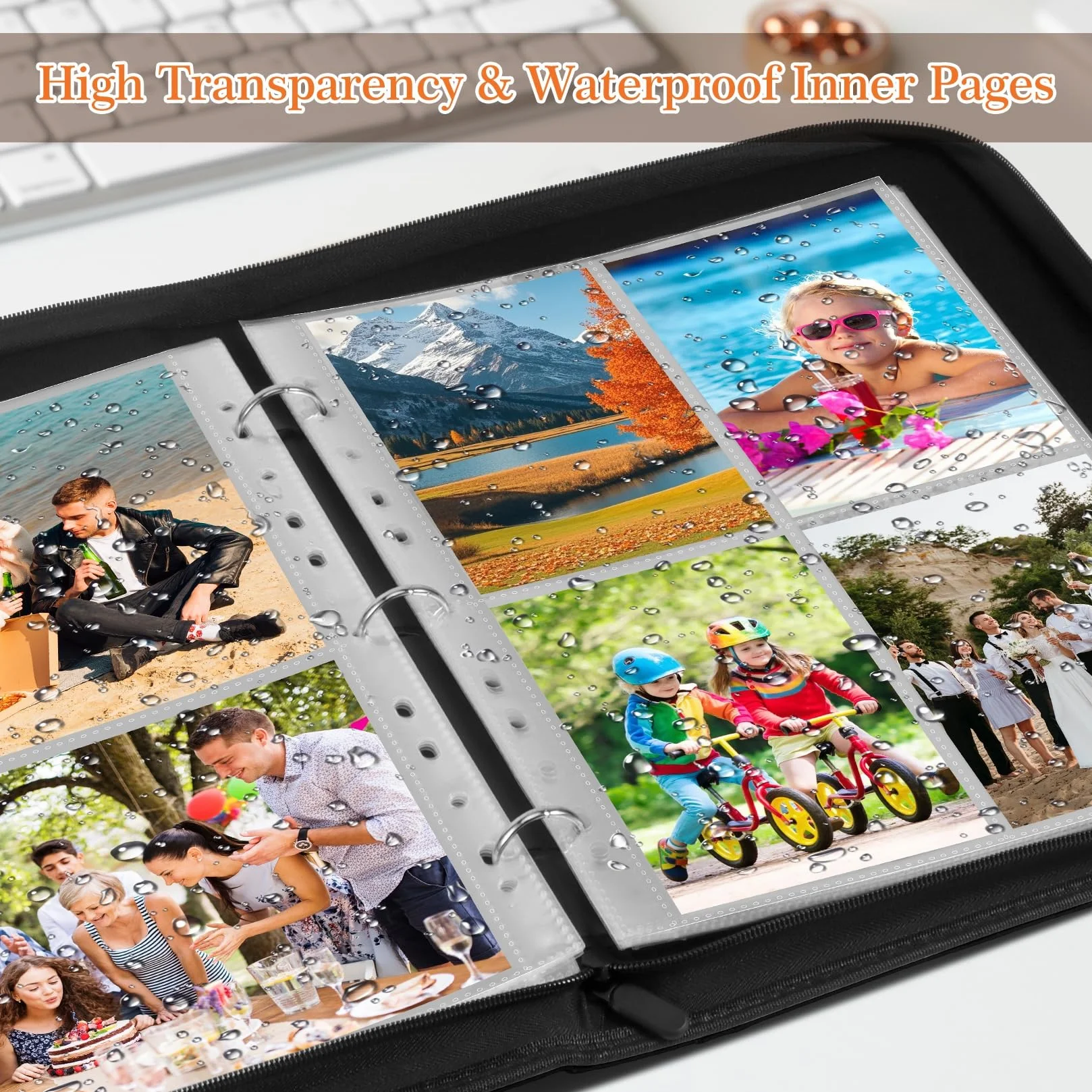 Álbum de Fotos A4 de Cuero PU con Fundas Transparentes Extraíbles - 30 Páginas (Tres Tipos de Bolsillos, Doble Cara) + Cremallera Impermeable - Para Fotos, Recuerdos de Bebé y Documentos (Negro)