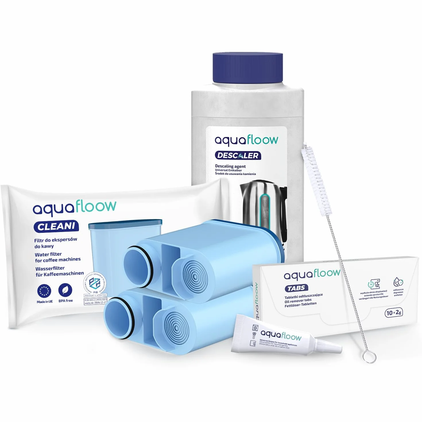 Aquafloow Kit de Cuidado para Cafeteras | Accesorios para Baristas - 2x Filtro AquaClean, 250ml Descalcificador, 10x Pastillas Descalcificadoras, Cepillo de Limpieza, Lubricante | para Saeco Philips