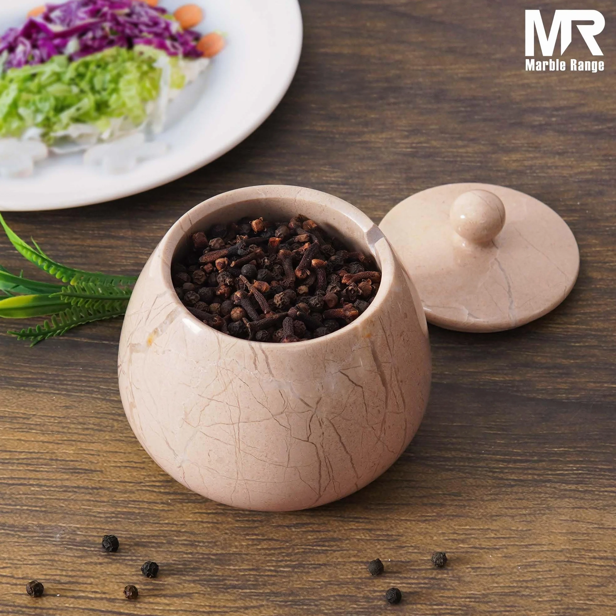 Salero de mármol con tapa de 4 pulgadas, caja de sal hecha a mano, cuenco de sal y pimienta, soporte de sal con tapa y cuchara, bodega de sal para almacenamiento de cocina, recipientes de sal y