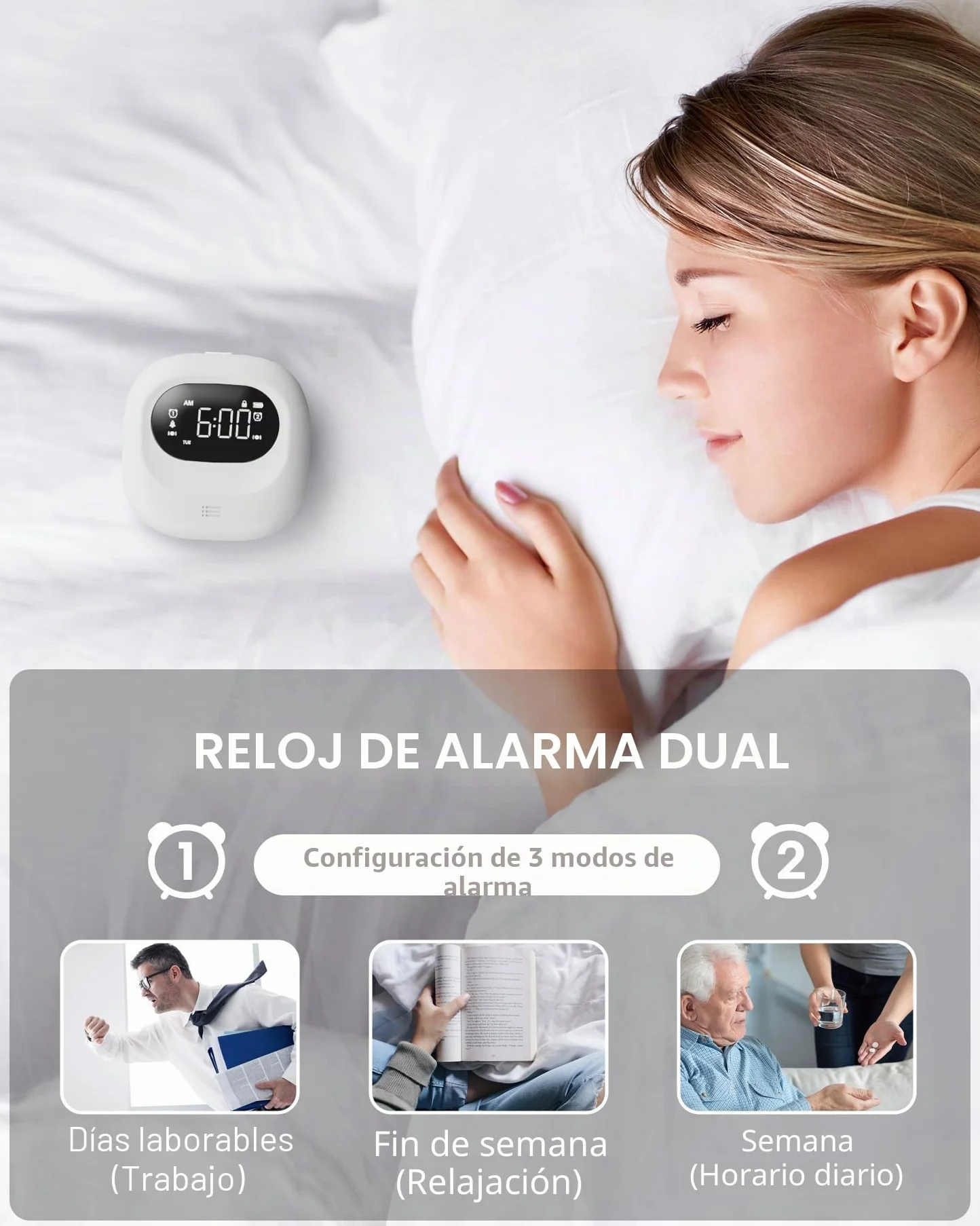 ROCAM Despertador con vibración para Personas Que Duermen Mucho, Funciona con Pilas, Volumen Ajustable en 5 Niveles, Alarma Doble/Fin de Semana, Snooze, 12/24H, DST, Reloj Digital portátil