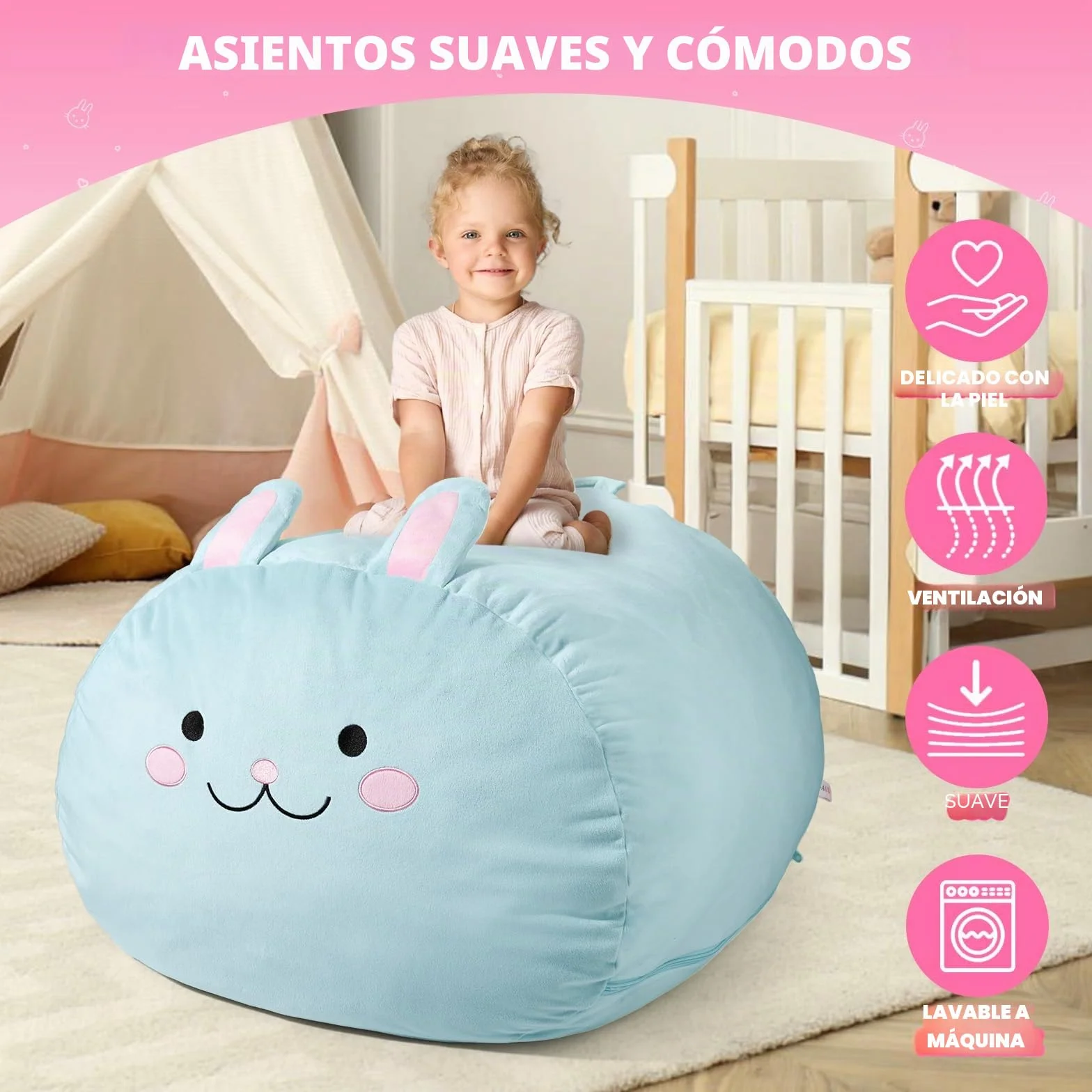 GAGAKU Saco de Almacenamiento para Peluches Conejo Azul 200L Bolsa Puff Salon XXL para Juguetes Habitación Infantil Gran Saco Asiento Rellenable con Cremallera de para Organizador Peluches - Azul