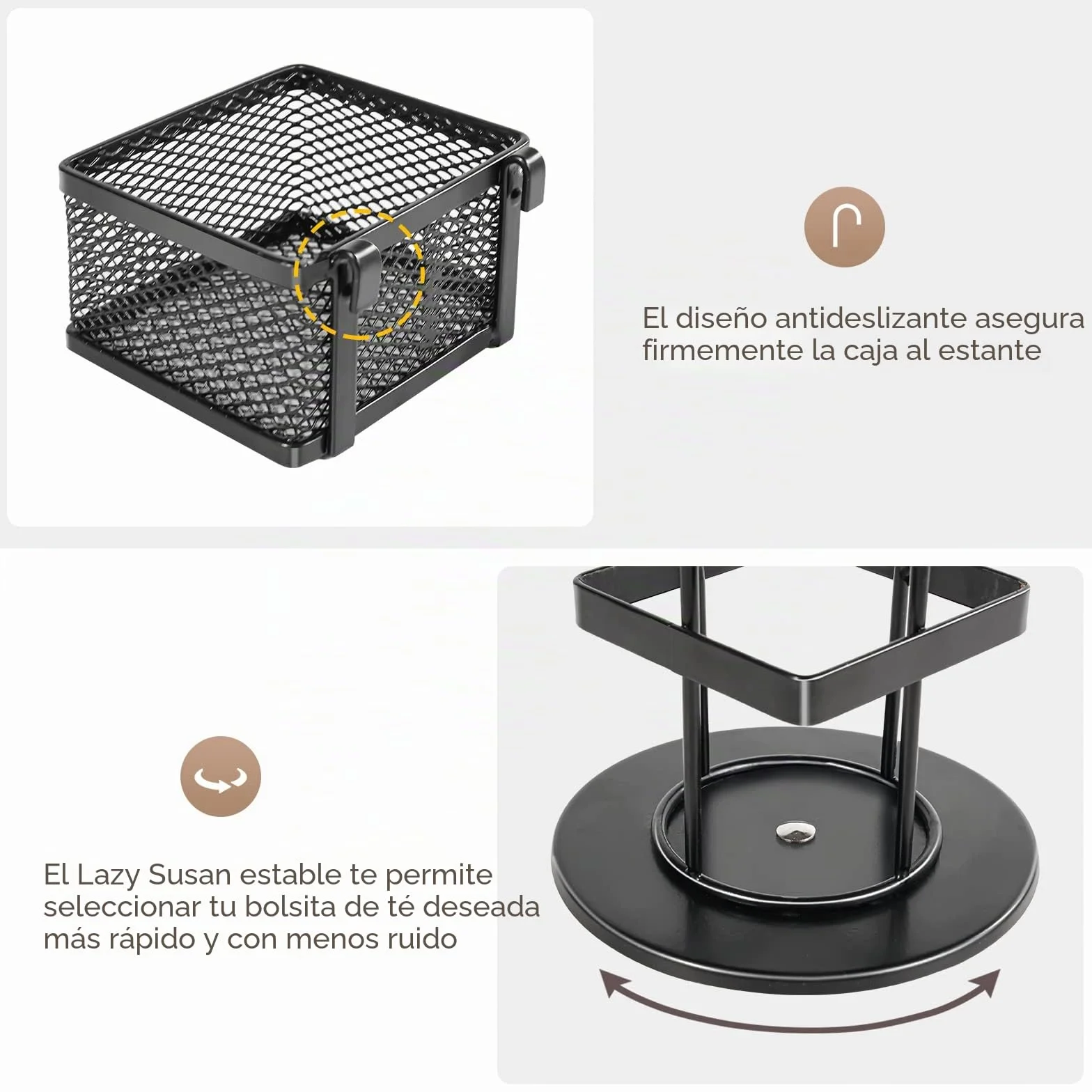 Puricon Organizador de Té, Estante Giratorio 8 Compartimentos para Almacenar Bolsitas de Té e Infusiones de Acero -Negro