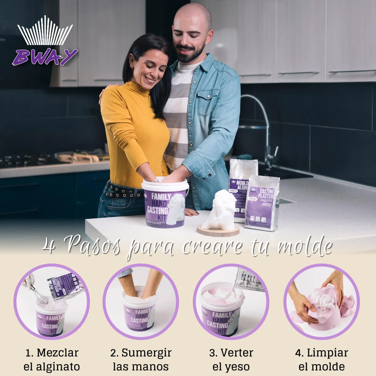 BWAY Moldes Manos Kit - Alginato para Moldes - Escultura Manos Pareja - Fácil de Usar y Excelente Nivel de Detalle - Instrucciones multilingües