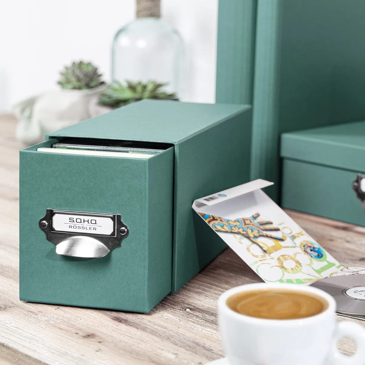 Rössler SOHO Caja de almacenamiento para CD, organizador con cajón, almacenamiento y organización, 143 x 158 x 261 mm, 1 unidad, color: verde, azul, ópalo