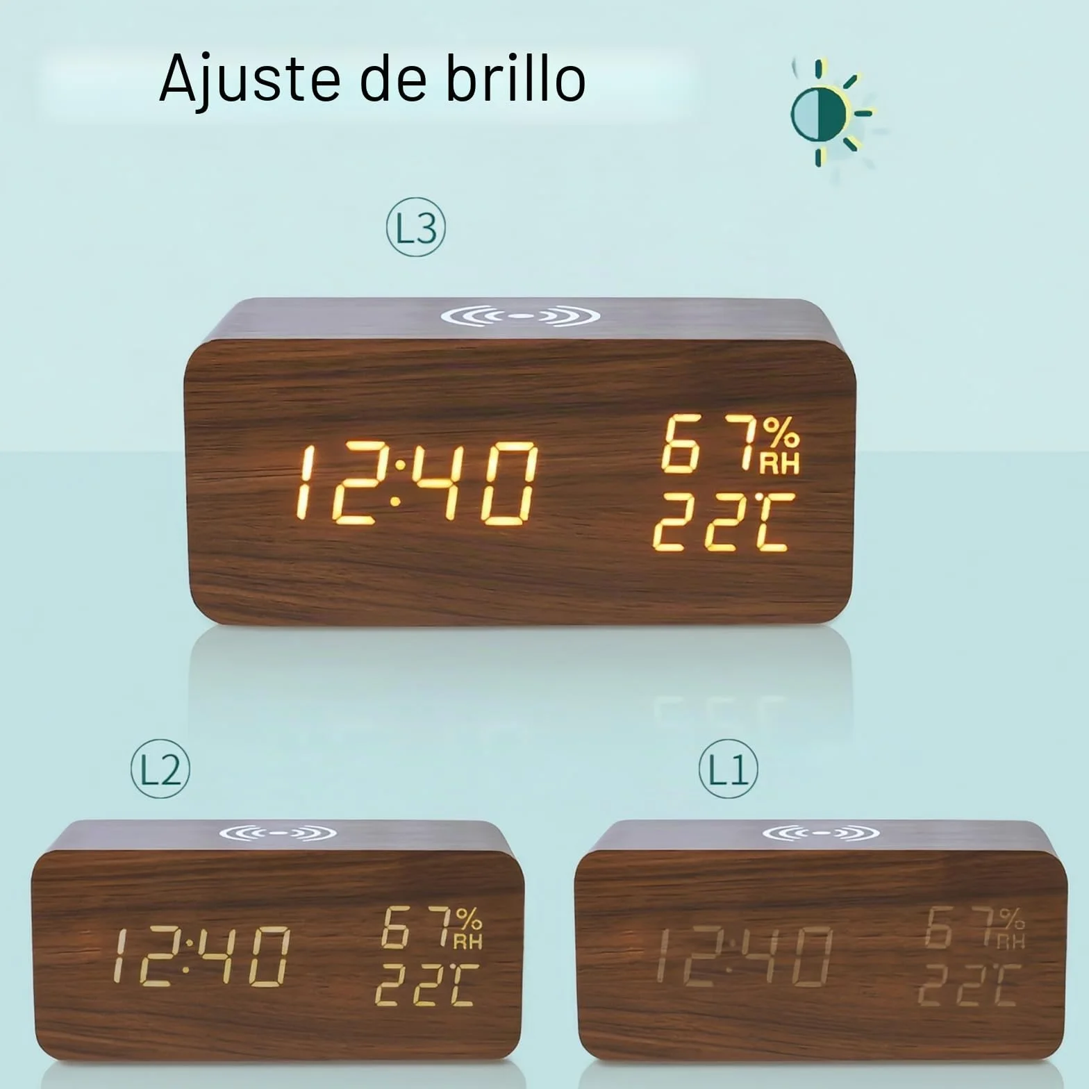Reloj Despertador Digital con Carga Inalámbrica LED Pantalla de Temperatura y Humedad 3 Alarmas Brillo Ajustable Control de Sonido para Dormitorio Casa Oficina (Marrón)