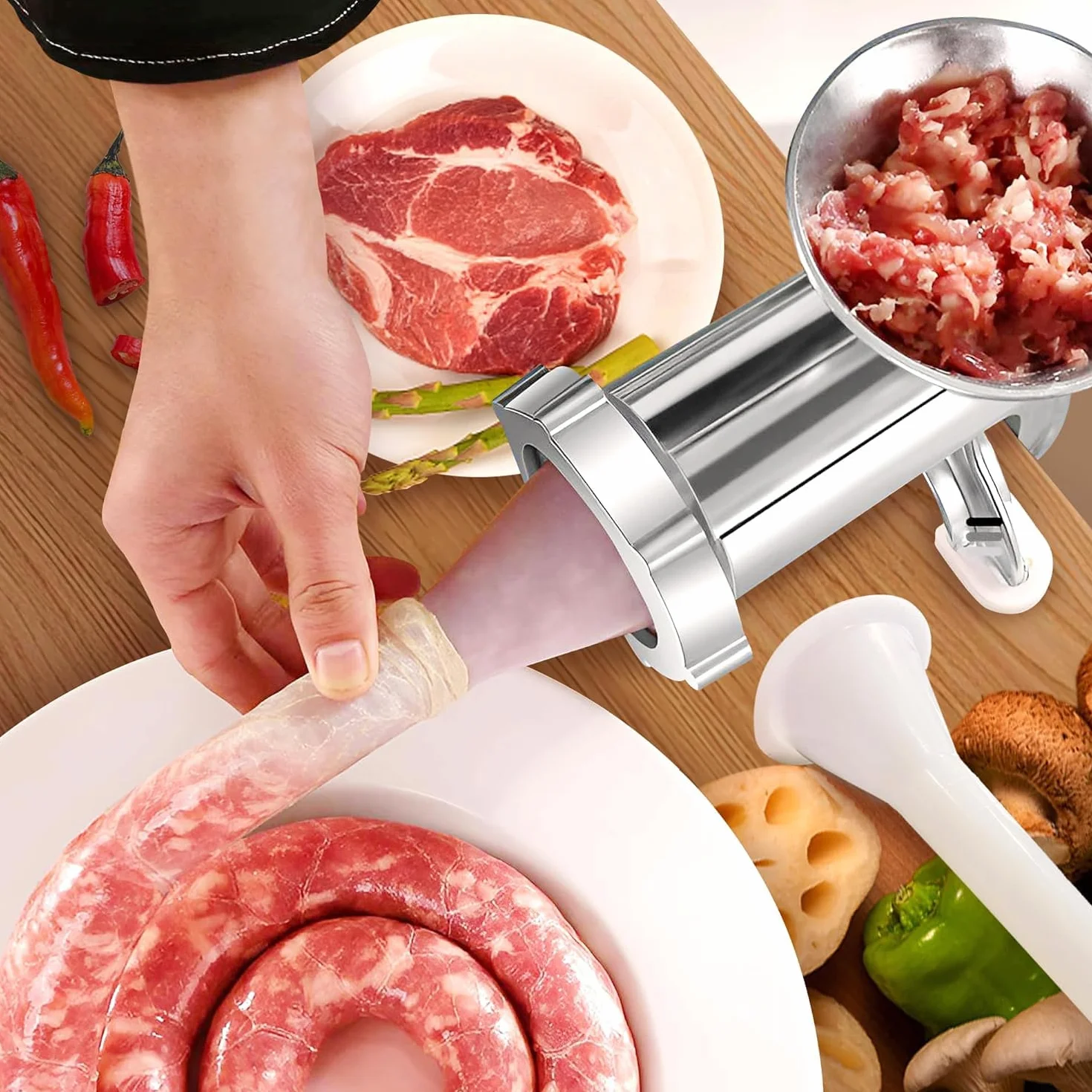 Molinillo manual multifuncional de acero inoxidable con manivela – Picadora de carne de alta resistencia, embutidora de salchichas, picadora de verduras y mezclador | Fácil de limpiar, piezas