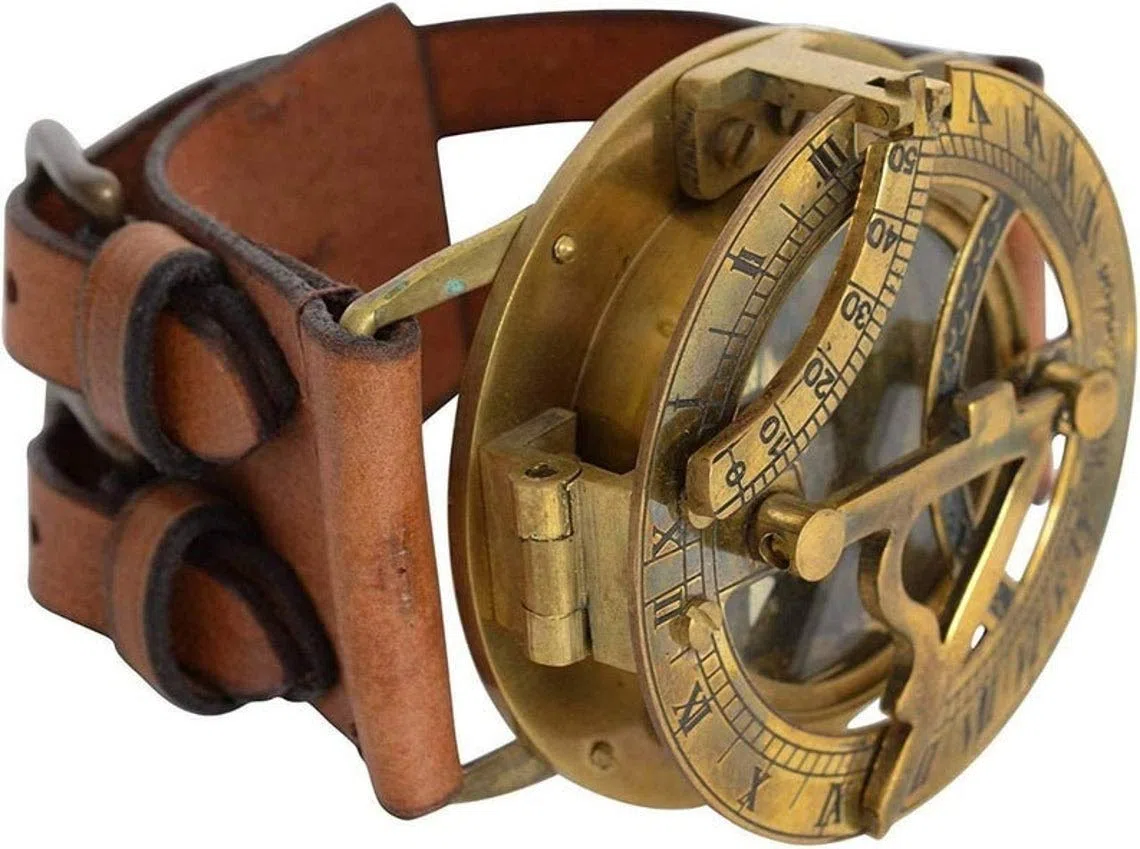 reloj Pulsera de latón estilo steampunk antiguo con brújula y reloj de sol, colección hecha a mano, pulsera de cuero, náutica, marrón antiguo, 6
