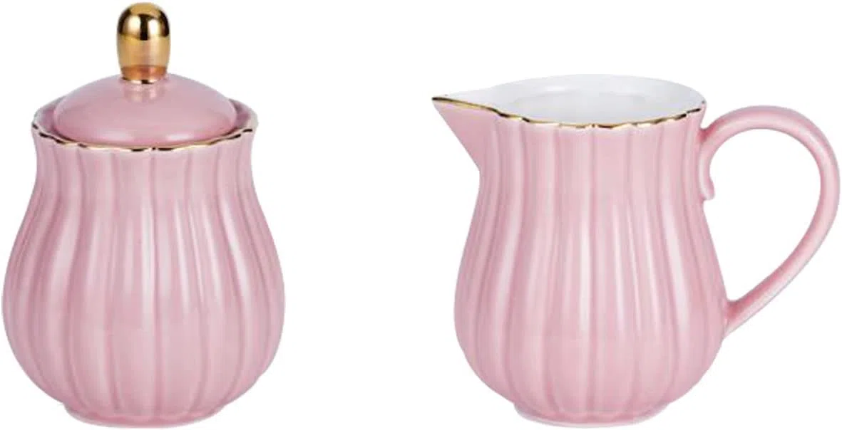 Juego de jarra de leche y azucarero de porcelana rayas rosa para café