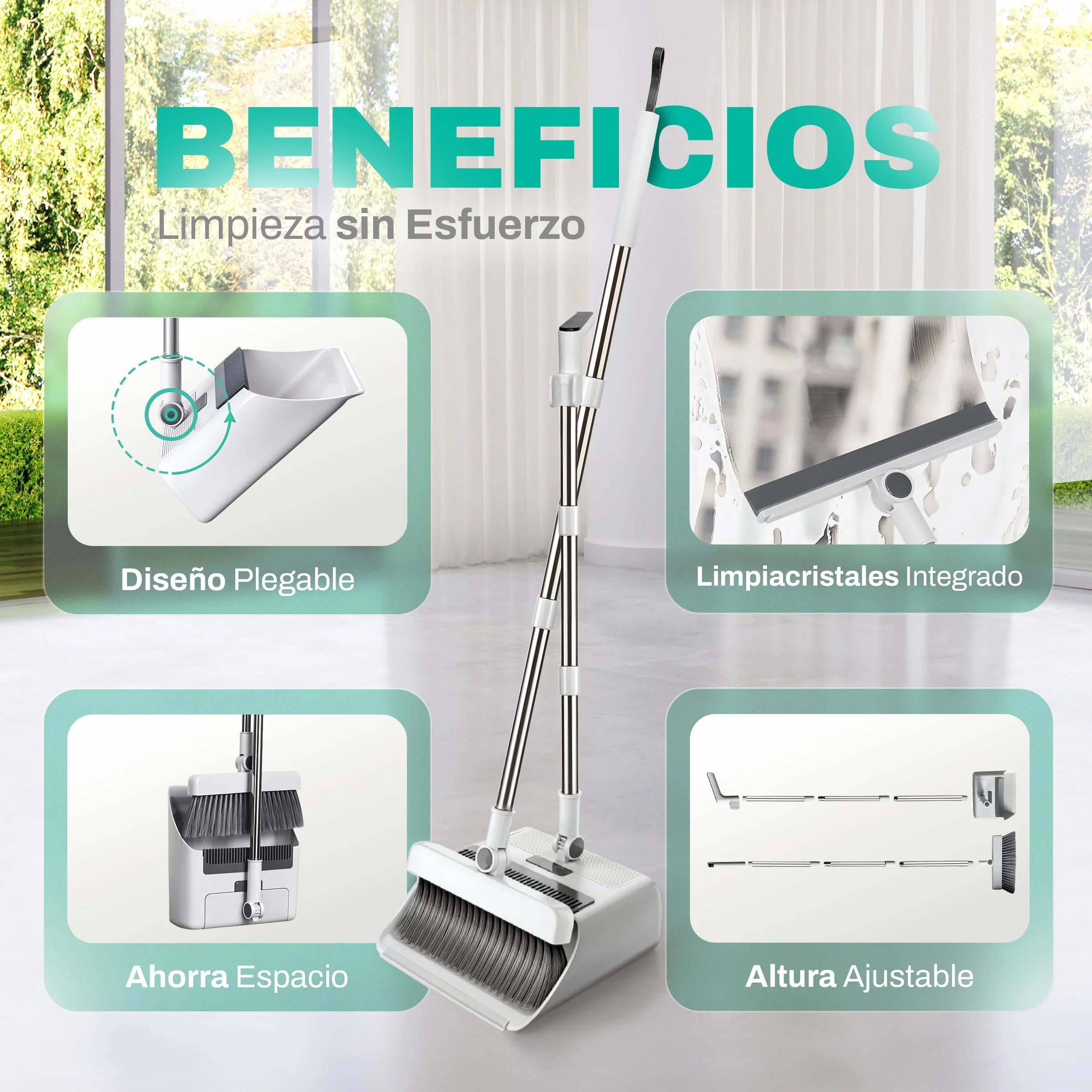 Bione Escoba y Recogedor Plegable con Palo de 126 cm - Set de Limpieza de Escoba 3 en 1 con Cepillo Barrer, Cepillo Duro, Limpiacristales Integrado, Bayeta y Recogedor Basura - Práctico y Compacto