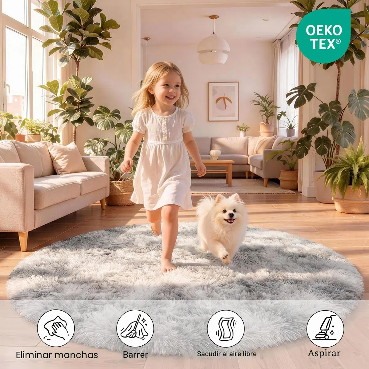 Alfombras Salón Redonda Pelo Largo Alfombra Habitación Dormitorio Lavables Alfombra Antideslizante Muy Suave para salón o Dormitorio, Alfombra esponjosa de Cama(Gris Claro,Ø 120 cm Ronda)