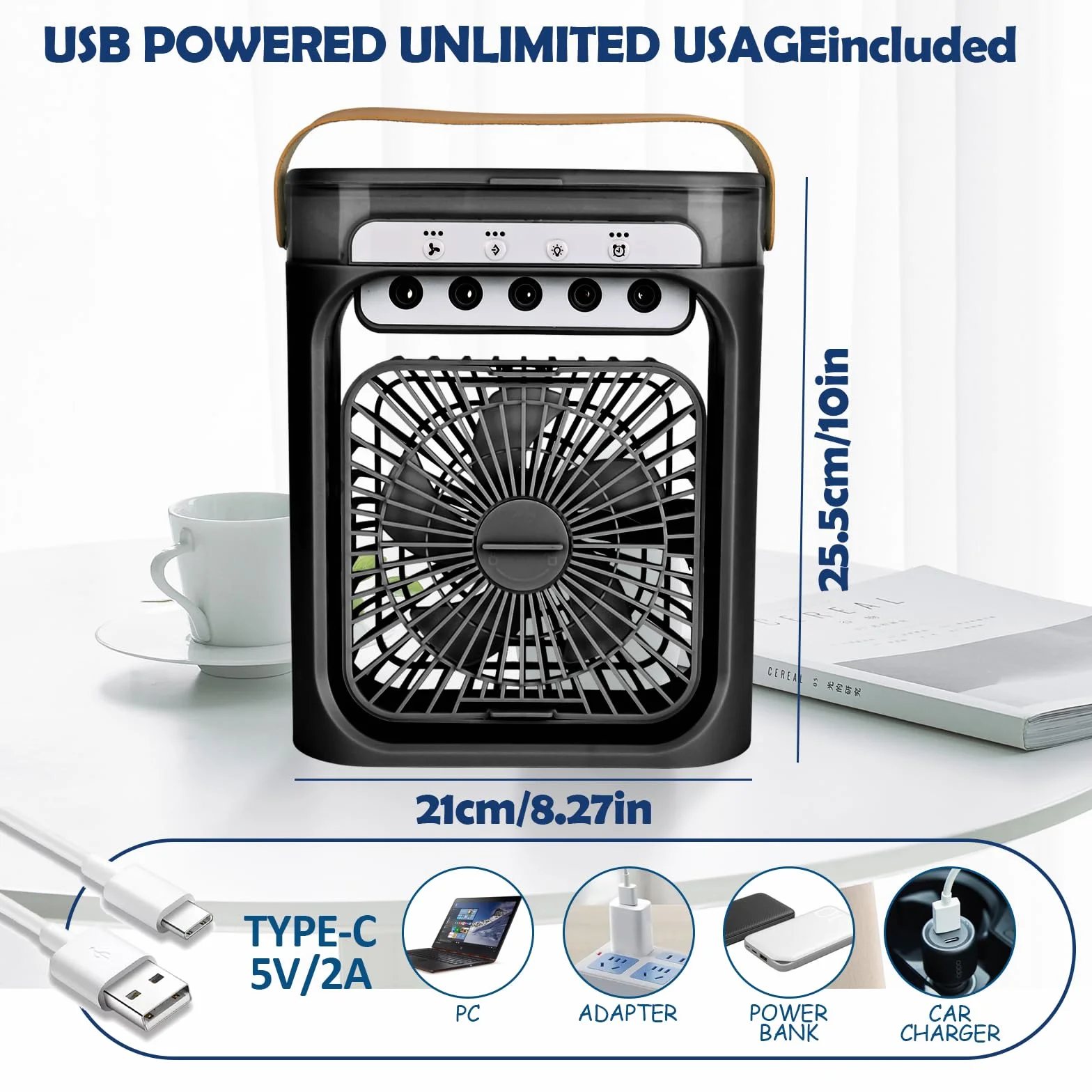 Mini Aire Acondicionado Portatil 4 en 1 Enfriador de Aire Pequeño con 600 ml Tanque, 3 Velocidades, 3 Nebulización, 2-6H Cronometrado, 6 LED Ventilador Refrigerador para Dormitorio Oficina