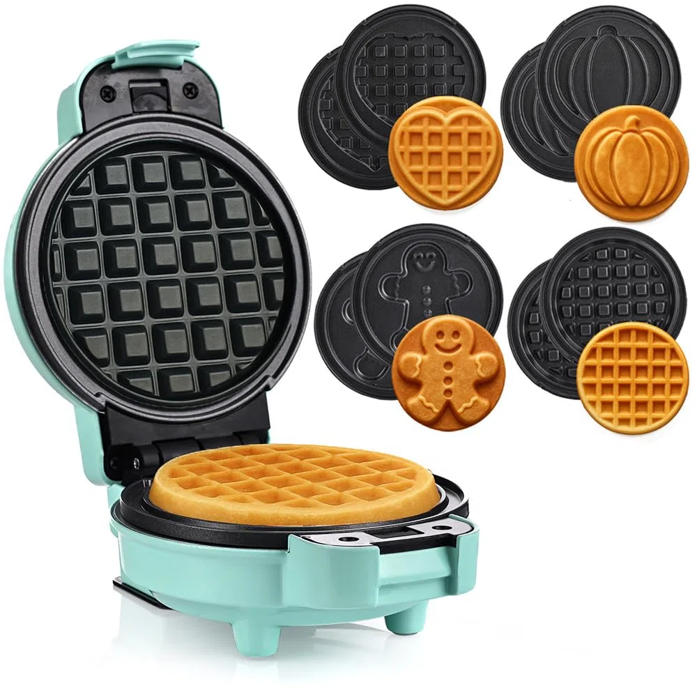 LEHMANN Mini Gofrera con Placas Intercambiables, Formas de gofre - Calabaza, Muñeco de Jengibre, Corazón y Clásica, Revestimiento Antiadherente, para fiestas infantiles, Verde Menta