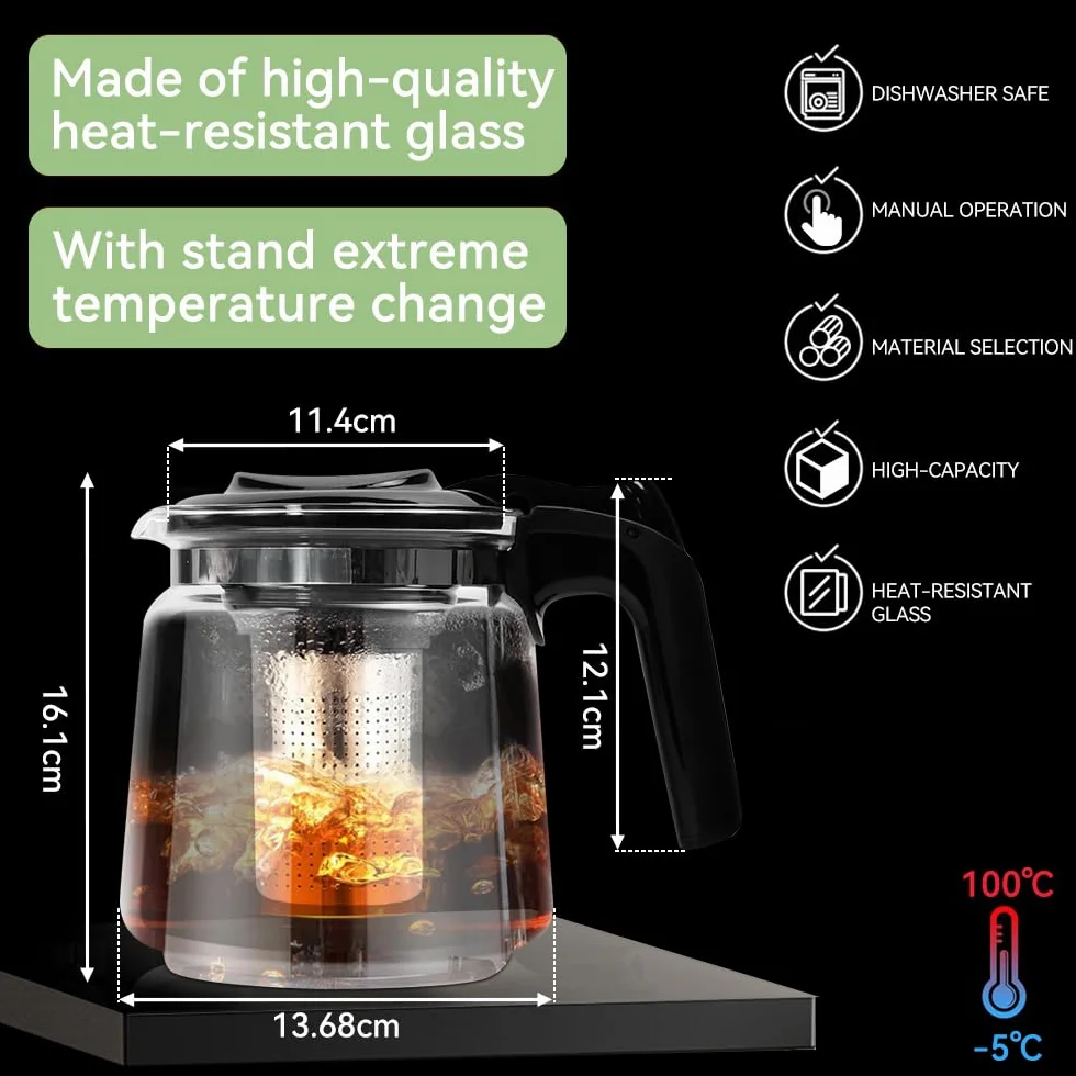 Tetera de Cristal para Infusiones de 1,5l Tetera de Vidrio con Infusor y Mango Resistente al Calor Tetera de Cristal para Vitrocerámica Jarra de Cristal para Hacer Infusiones de Té Flores