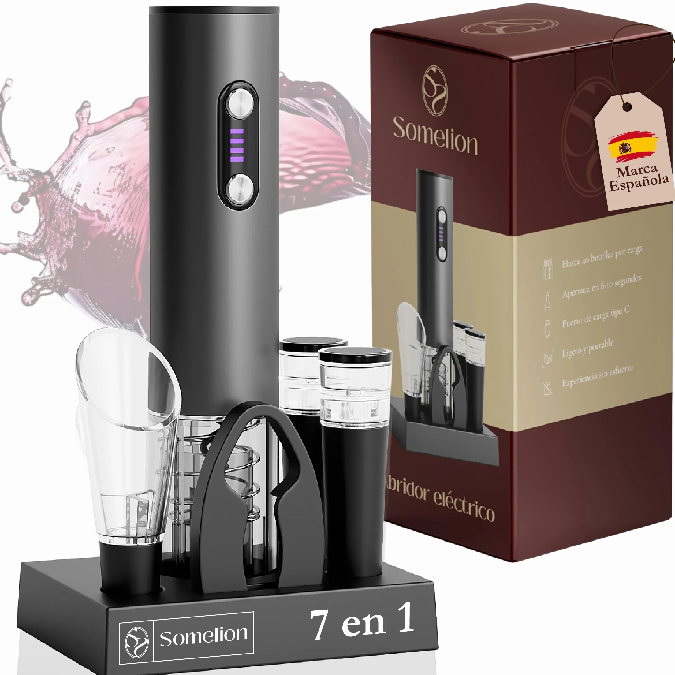 Abridor Electrico de Vino con Pantalla de Bateria Set 7 en 1 con Base Accesorios Vacio Vertedor Carga UsbC Apertura Rapida 6 A 10 Segundos Regalo Ideal Portatil Facil de Usar Diseño Premium en Español