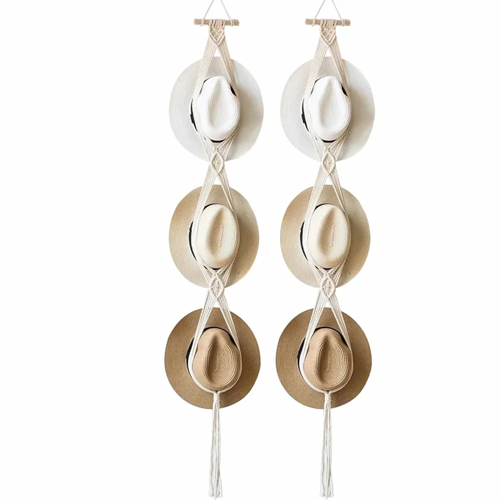 Paquete de 2 perchas para sombreros de macramé, soporte de cuerda de algodón para sombreros, soporte para gorras, perchas para puertas para sombreros de ala ancha, bufandas, bolsos, toallas