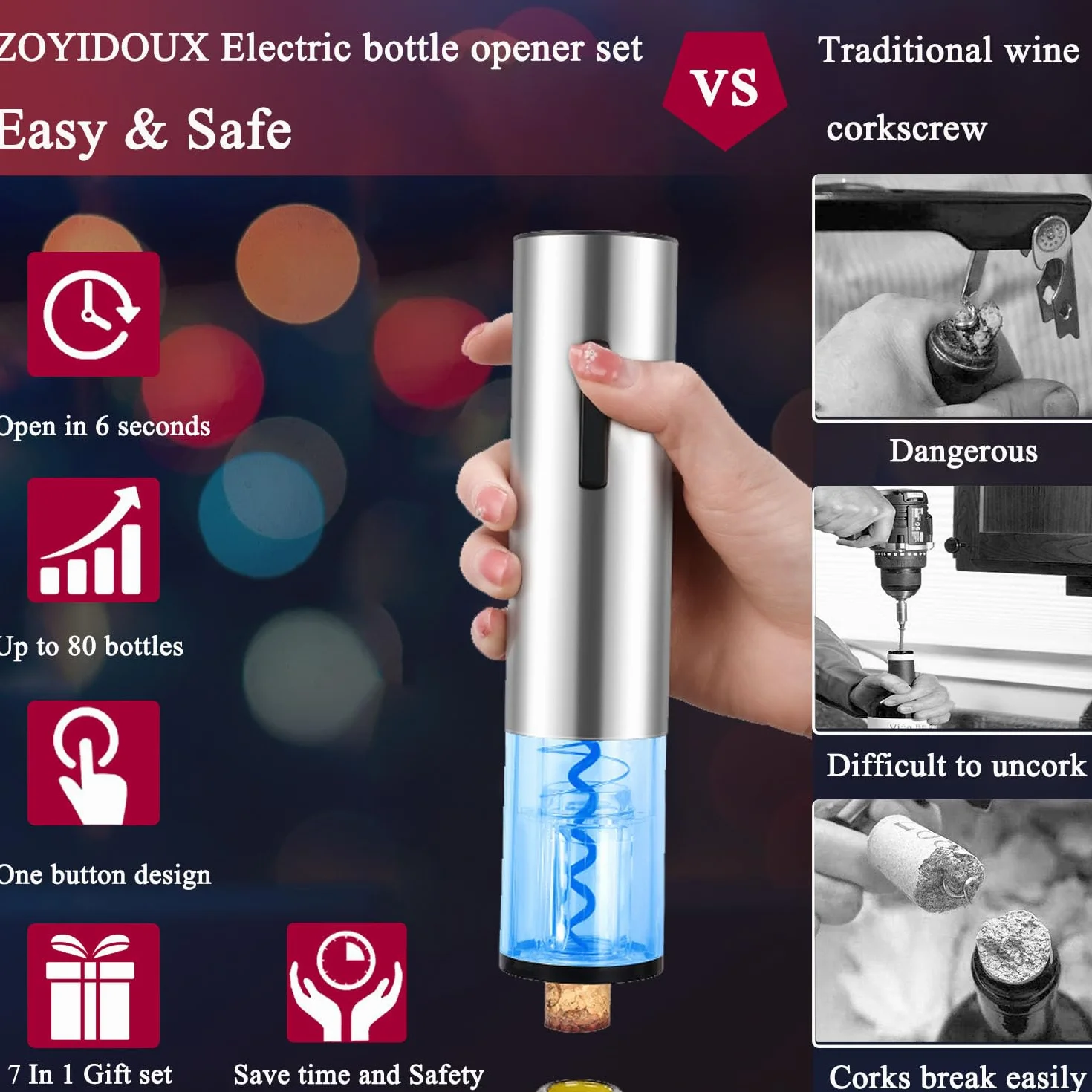 ZOYIDOUX Abridor de vino eléctrico recargable 7 en 1 de acero inoxidable Juego de regalo,Sacacorchos eléctrico con base,Cortador,Tapón de vacío de silicona,Tapón para vino,Vertedor,Línea USB