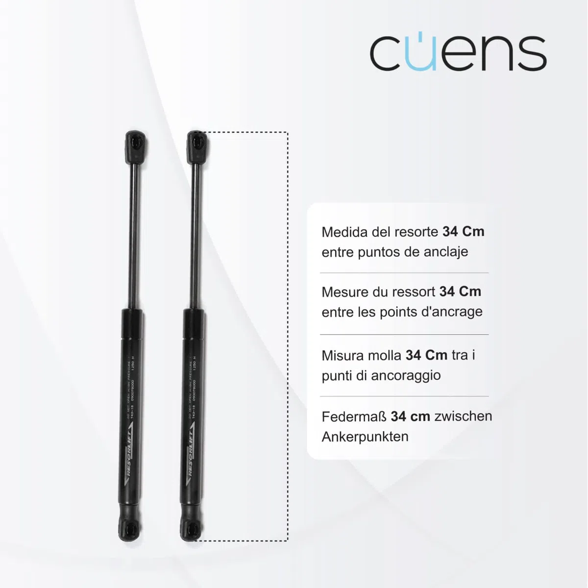 Juego de 2 amortiguadores o resortes de Gas para canapé de 800N Esfera-Clip - Ideal para canapé de 90 cm - Cuens
