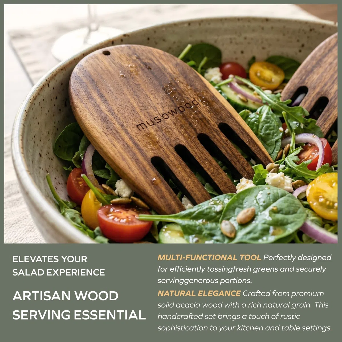 Muso Wood Manos de ensalada de acacia, pinzas de madera para servir mezclas de ensalada, juego para servir ensalada de frutas en tu encimera de cocina, 5.1 x 3.6 x 0.4 pulgadas, un par