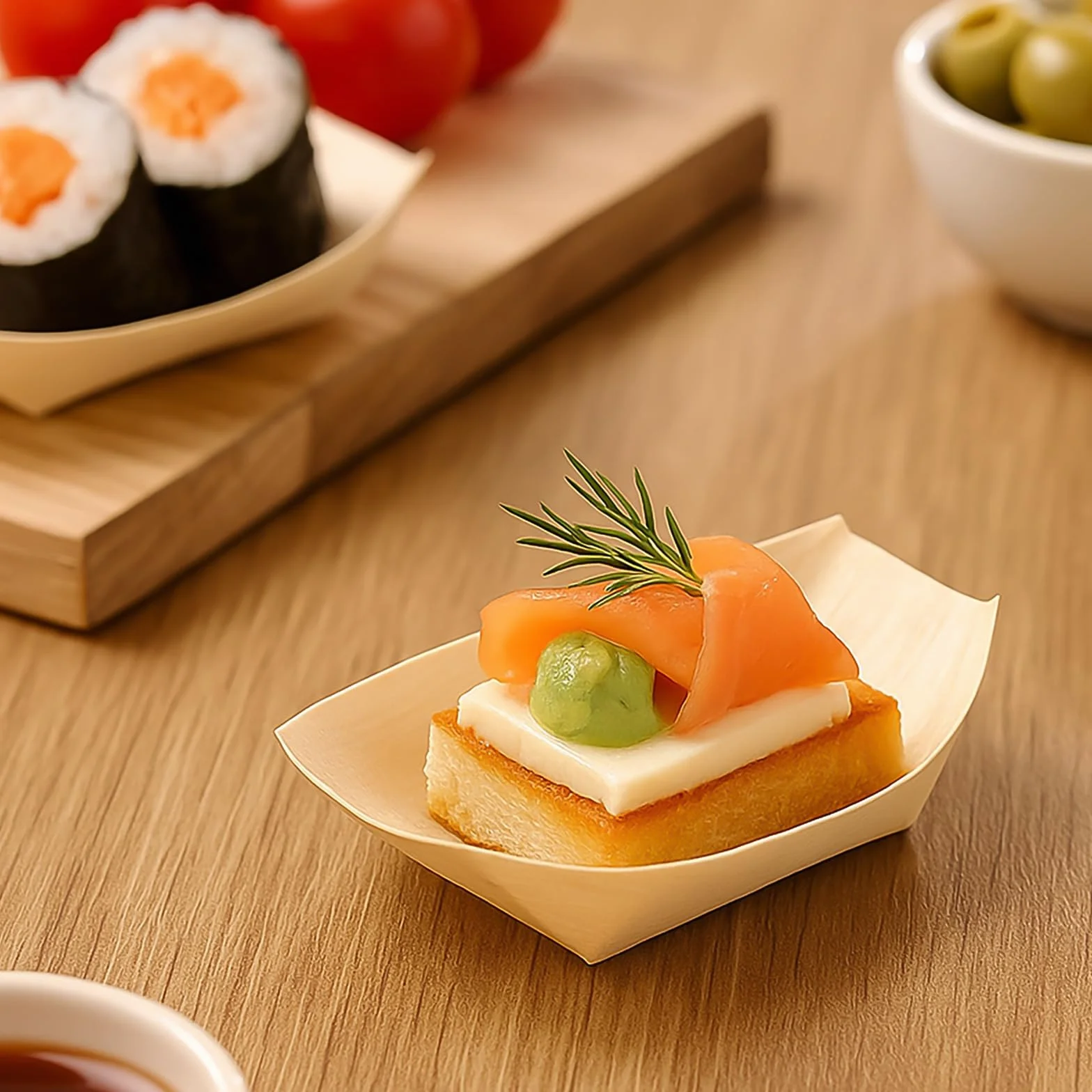 Horeca Collection MAXI PRODUCTS - 250 Barquillas de Madera Desechables - Cuencos Catering Aperitivos Desechable - Cuenco Madera Cocktail - Barquillas Madera 8 x 6 x 1,5 cm - PRÁCTICO Y APILABLE