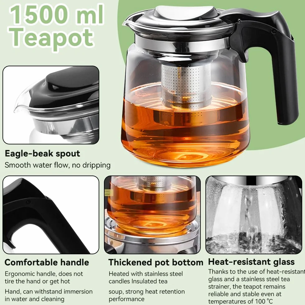 Tetera de Cristal para Infusiones de 1,5l Tetera de Vidrio con Infusor y Mango Resistente al Calor Tetera de Cristal para Vitrocerámica Jarra de Cristal para Hacer Infusiones de Té Flores