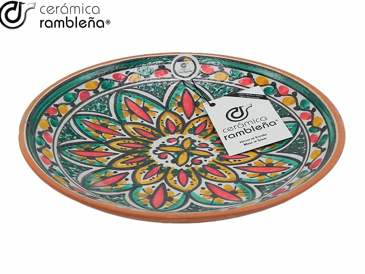 CERÁMICA RAMBLEÑA | Plato Decorativo para Colgar en Pared | Plato de cerámica | Rojo-Verde-Amarillo | 100% Hecho a Mano | 21x21x4 cm