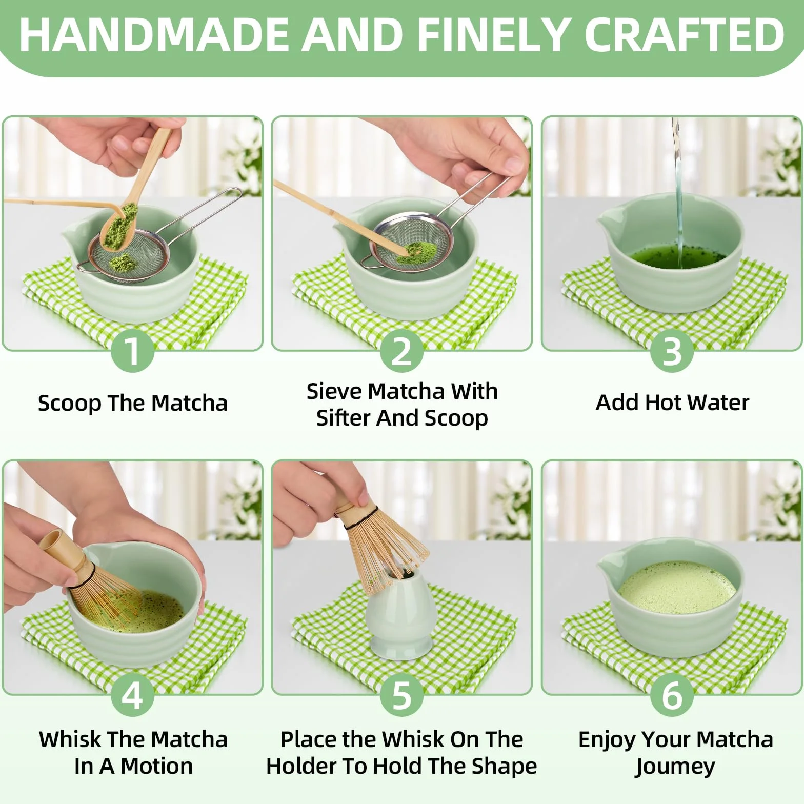 Matcha Set de 6 Piezas – Kit de Ceremonia Japonesa de Matcha con Cuenco de Matcha,Batidor de Matcha de Bambú,Soporte para Batidor,Colador, Cuchara y Pala – Set de Regalo para Amantes del Matcha