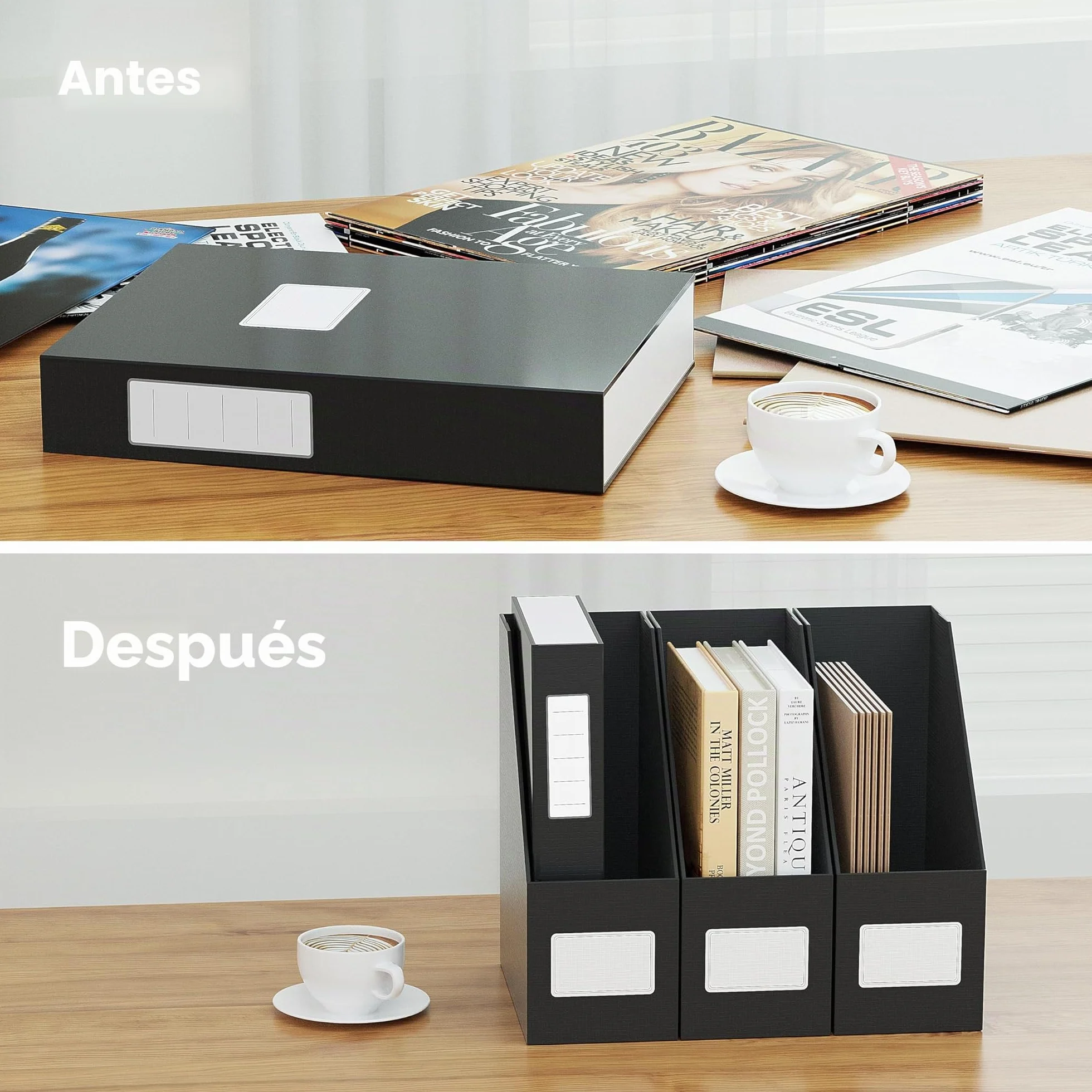 JIAWEI Revistero A4, 3 unidades, cartón extra resistente 1800 g/m, 10,5 cm, negro