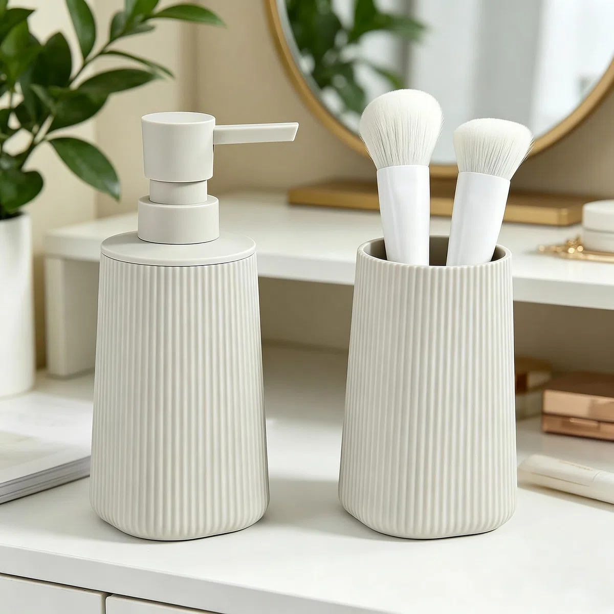 GAHEFY Juego de 2 accesorios de baño dispensador de jabón 250 ml vaso cepillo dientes plástico ABS beige