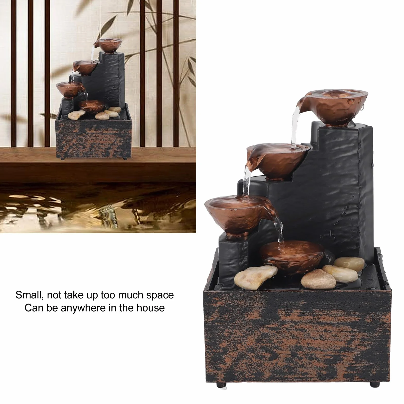 ciciglow Fuente de Agua USB, Kit de Fuente Embellecedora de Guijarros con Luz LED, Adornos de Agua Corriente Feng Shui, Manualidades para el Hogar y la Sala de Estar