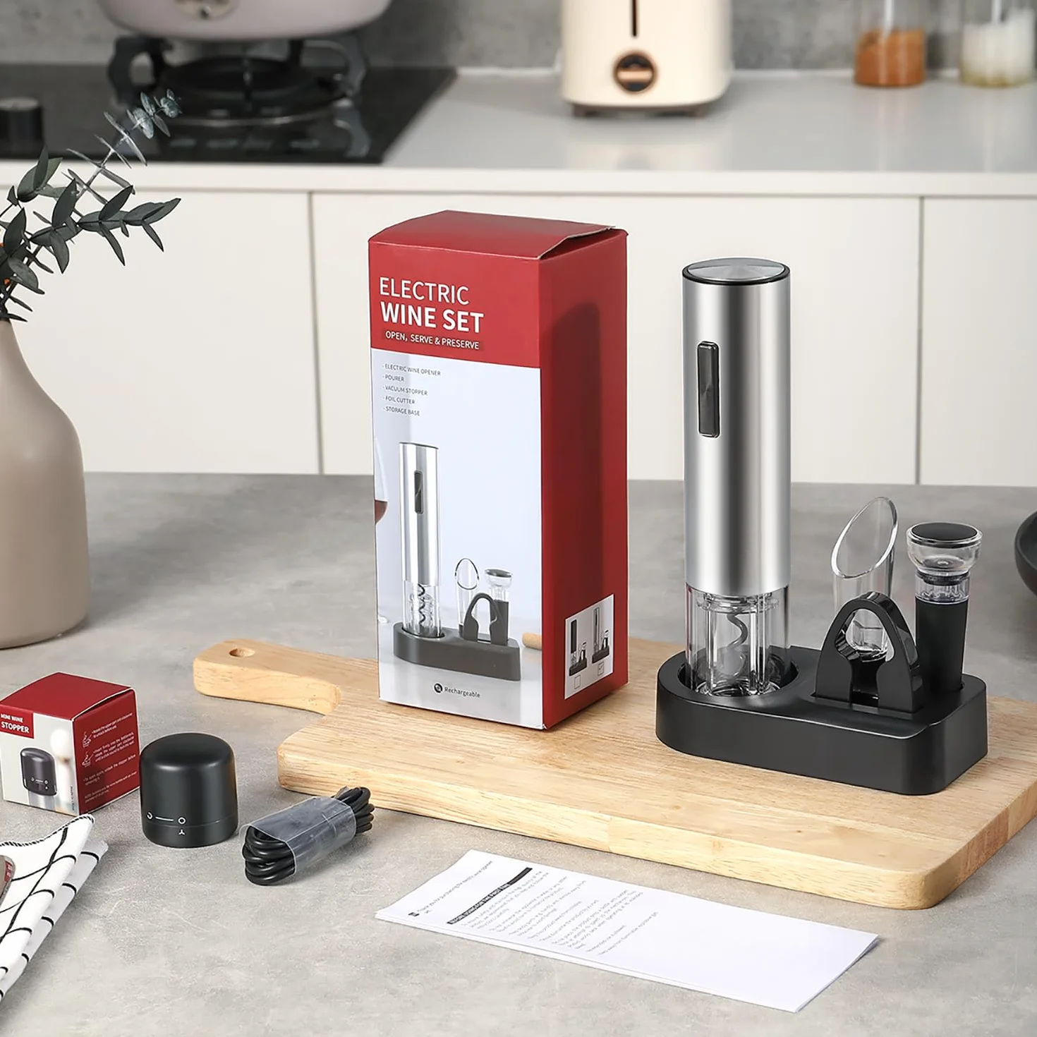 ZOYIDOUX Abridor de vino eléctrico recargable 7 en 1 de acero inoxidable Juego de regalo,Sacacorchos eléctrico con base,Cortador,Tapón de vacío de silicona,Tapón para vino,Vertedor,Línea USB