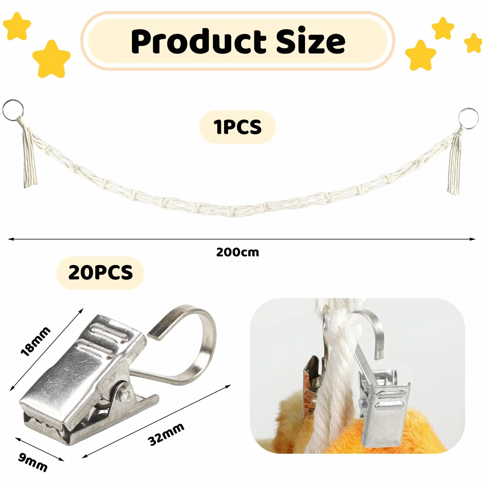 Mezrkuwr Soporte colgante para juguetes de peluche con 20 pinzas de metal, cadena organizadora de peluche, decoración para habitación infantil, para colgar sombreros, calcetines, tarjetas de Navidad