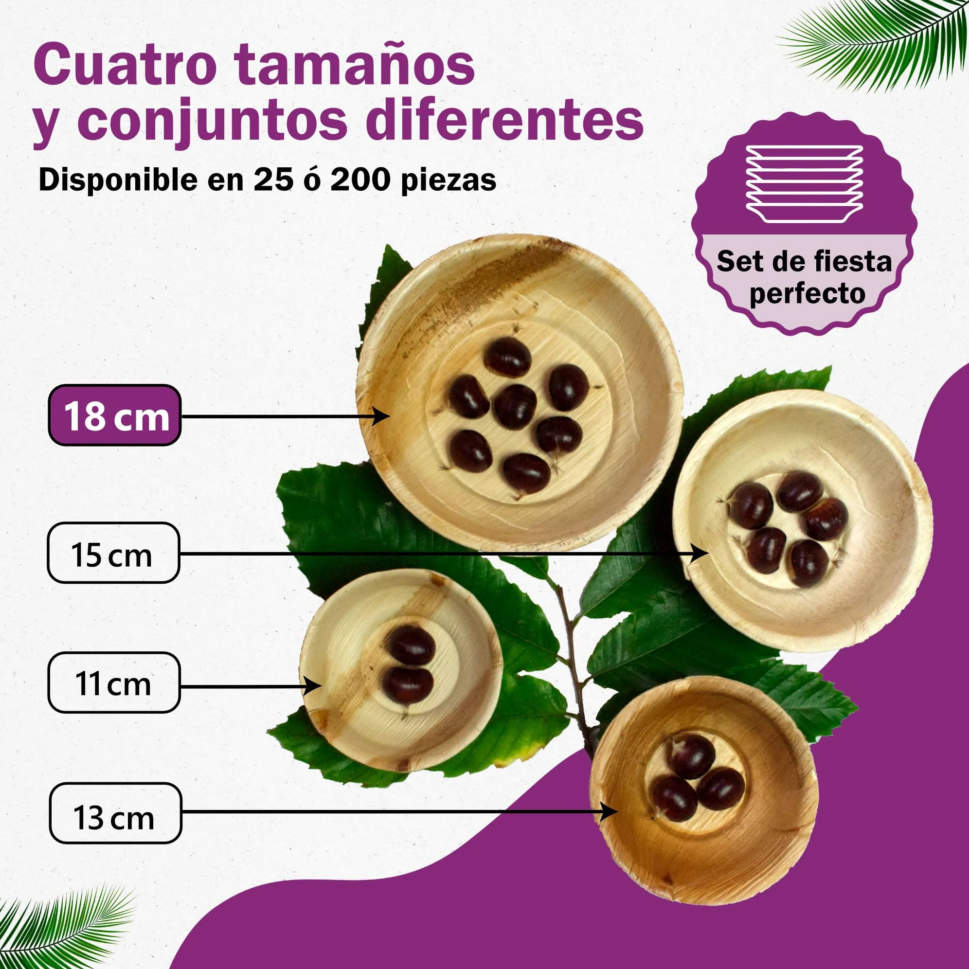 25 Cuencos Desechables de Hoja de Palma Ecológicos - 18 cm/ 700 ml - Vajilla Orgánica Elegante - Estable, Natural y Biodegradable - Boles Descartable - similar al Bambu - Estilo Madera