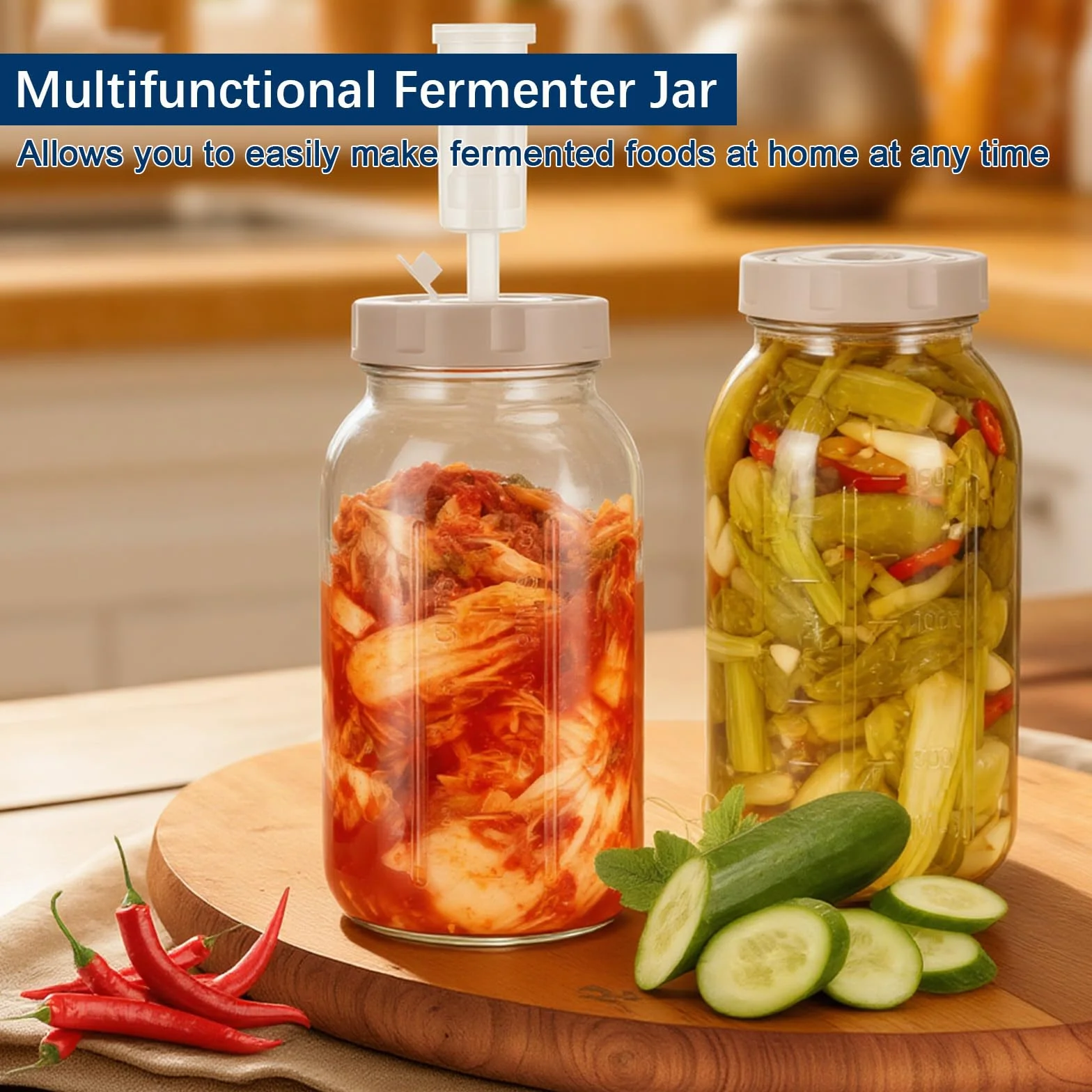 Hejo 2L Tarro de Fermentación con Esclusa de Aire y Tapas de Rosca, Fermentación Jar con Escala de Tiempo Ajustable, Contenedor de Kimchi, Kit de Fermentación para Chucrut, Kombucha, Encurtidos