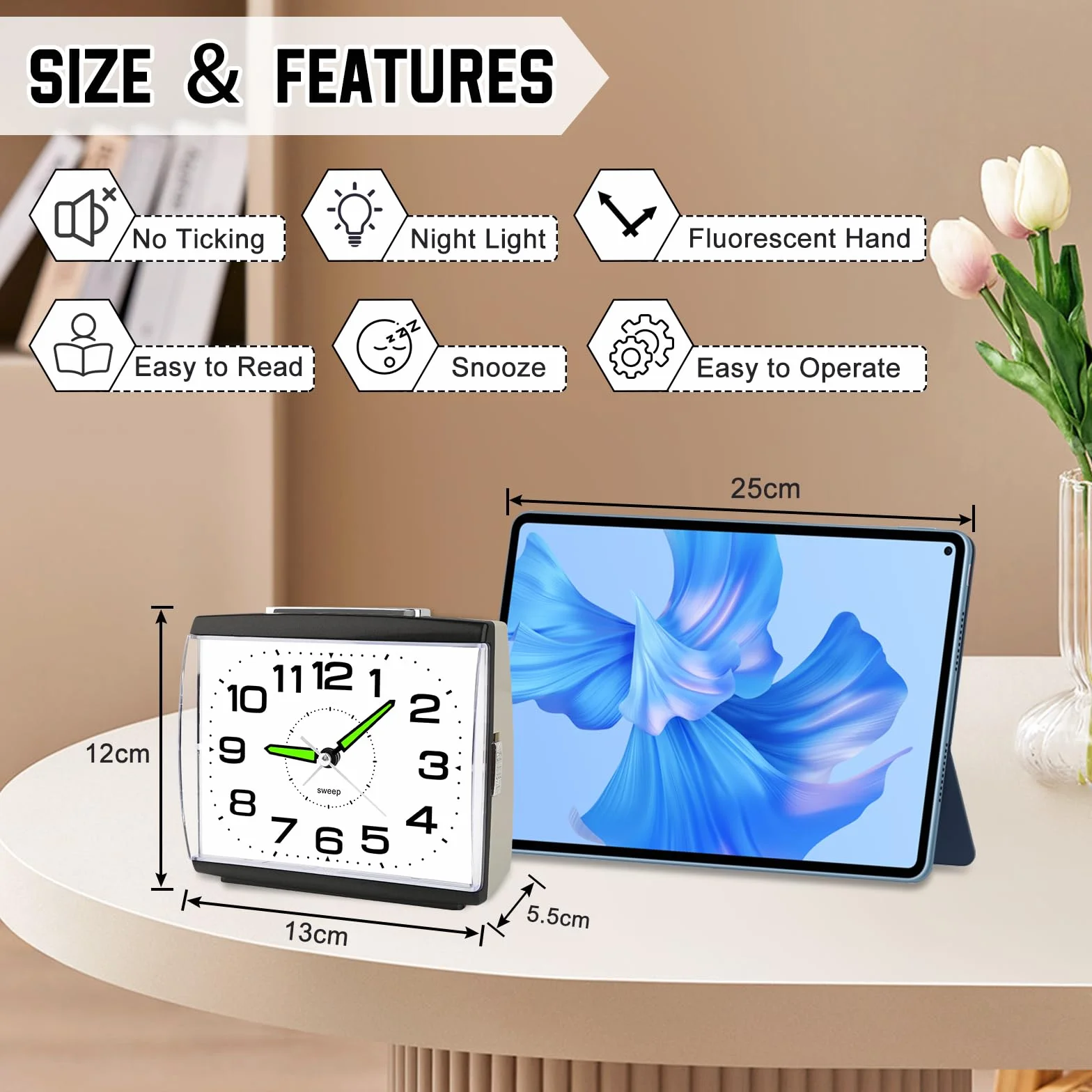 Reloj Despertador Analógico Silencioso Sin Tictac,Reloj de Mesita de Noche con Luz,Snooze y Gran Esfera,Despertador Clásico con Pilas para Dormitorio y Mayores Regalo