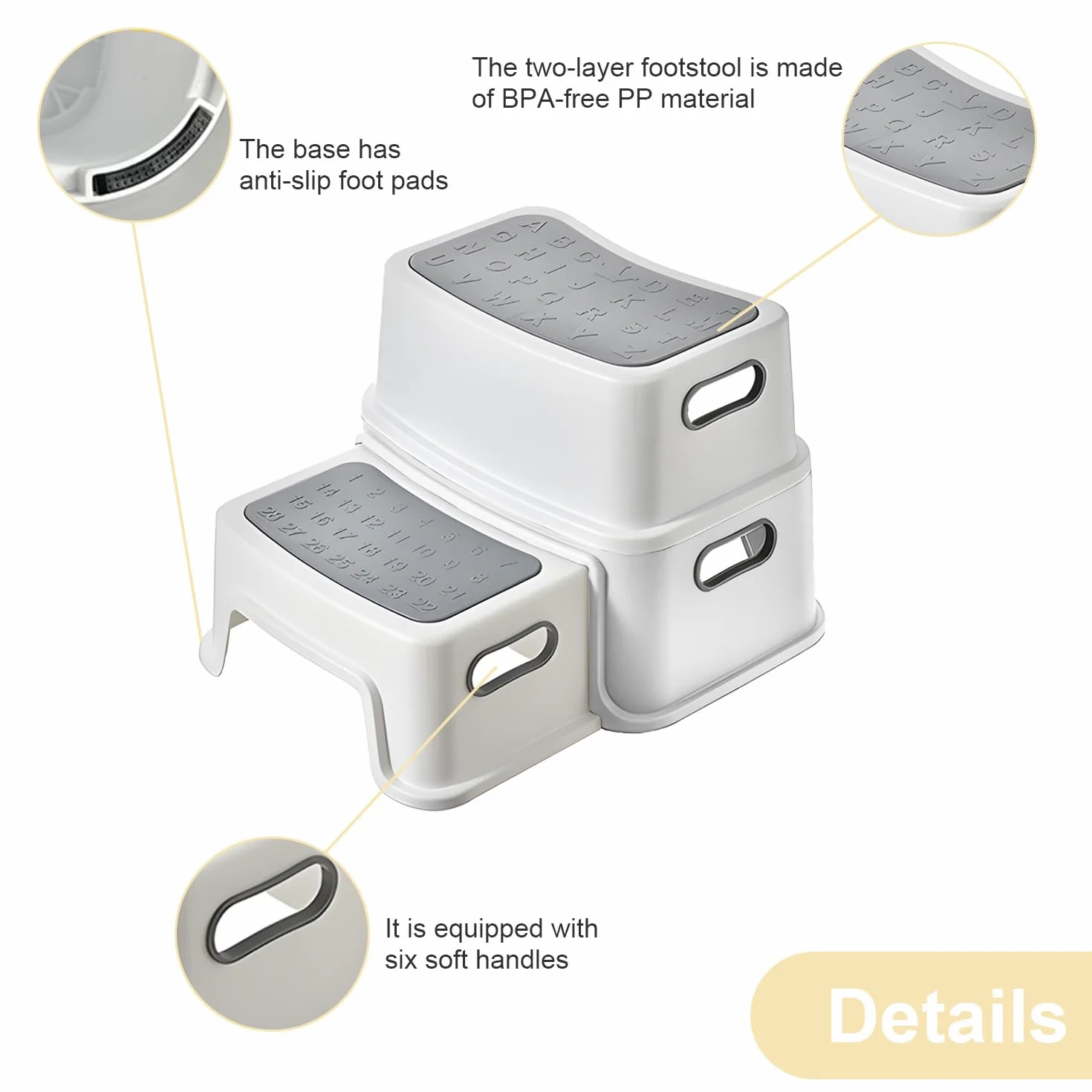 Taburete infantil 2 niveles protección cantos 1 m pies antideslizantes antivuelco peldaños perfilados para baño aseo cocina habitación infantil pálido