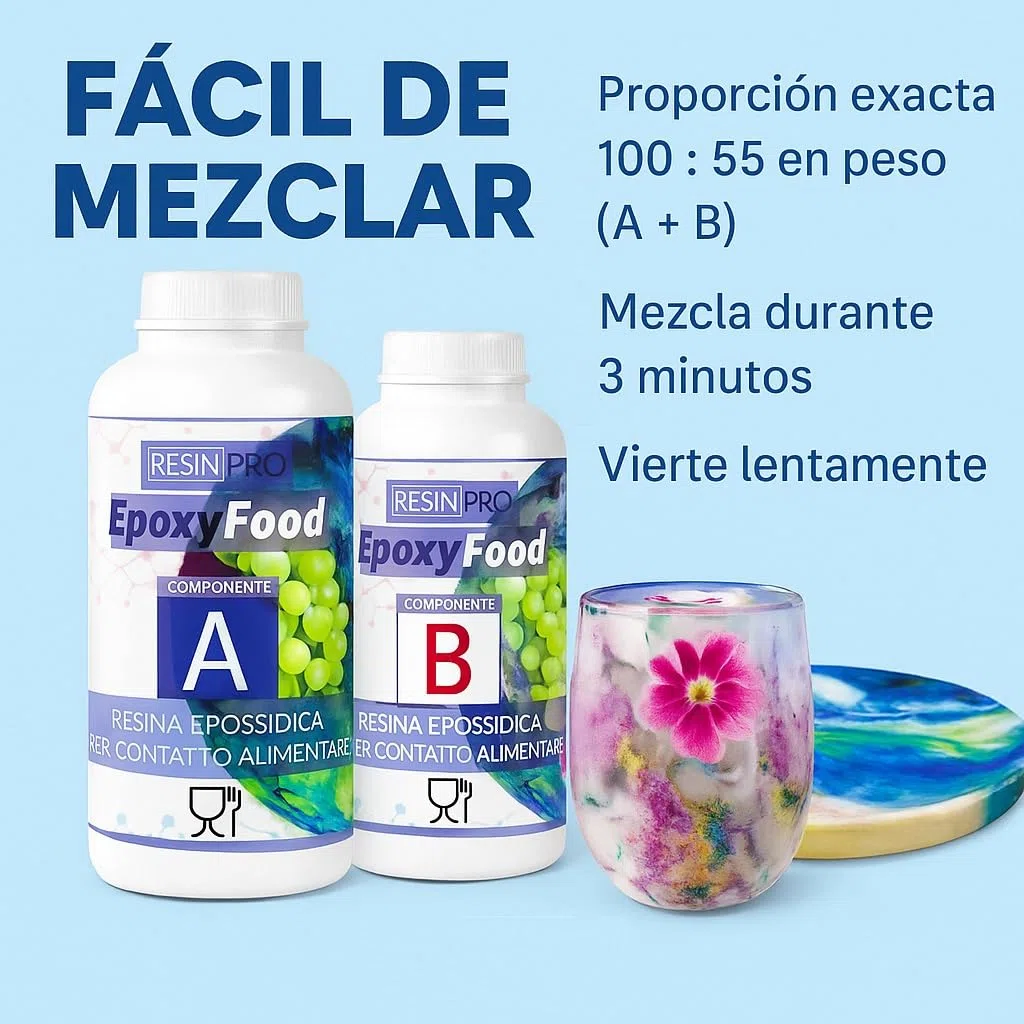 RESINA EPOXY EPOXYFOOD PARA CONTACTO CON ALIMENTOS Ideal para mesas, bandejas, platos y posavasos - Certificado - Guantes gratis - Asistencia técnica en Español - 100% Made in Italy - 775g