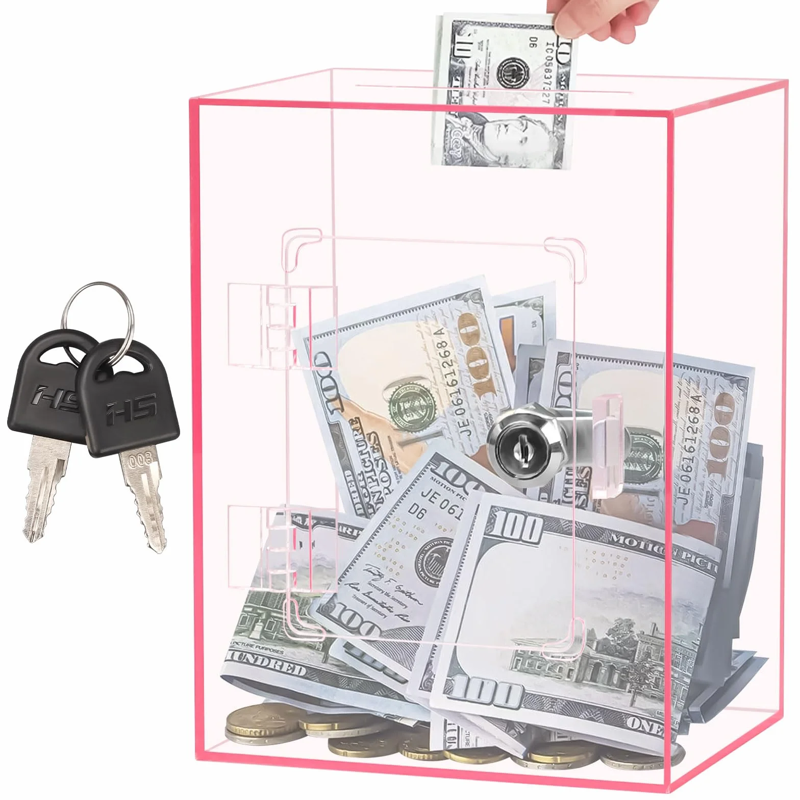 Hucha Transparente de Acrílico con Llave, 15x12x20cm, Caja de Donaciones con Cerradura, Contenedor para Monedas y Billetes