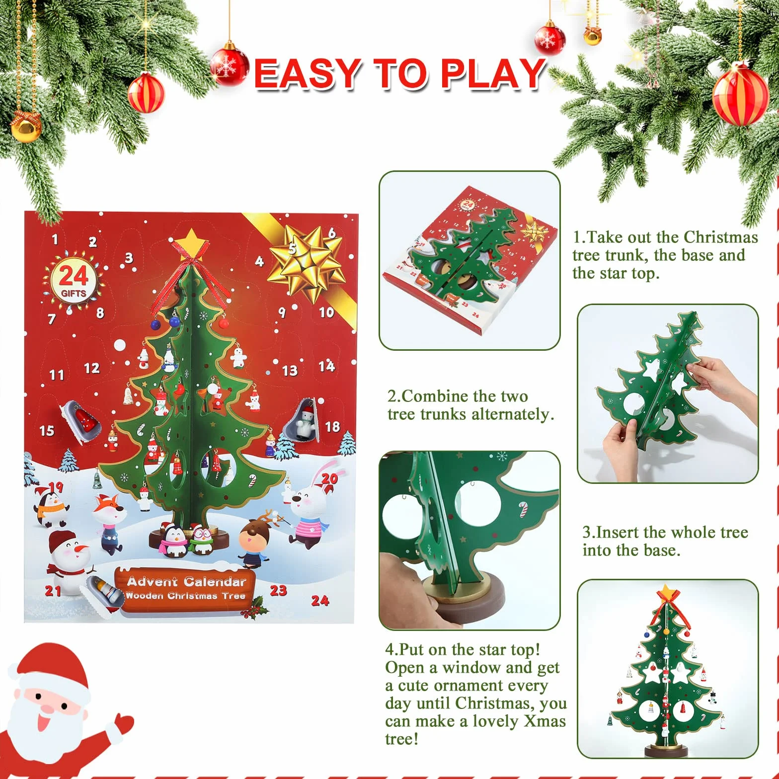 LEMESO Calendario de Adviento Árbol de Navidad Madera 3D con 24 Decoraciones Colgantes 35,5cm