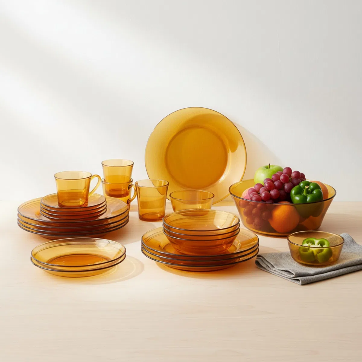 DURALEX | Vajilla 6 Personas 44 Piezas de Vidrio Templado Resistente Elegante y Duradera Color Ámbar - Vajilla Completa de cristal Duralex Apto para Microondas y Lavavajillas