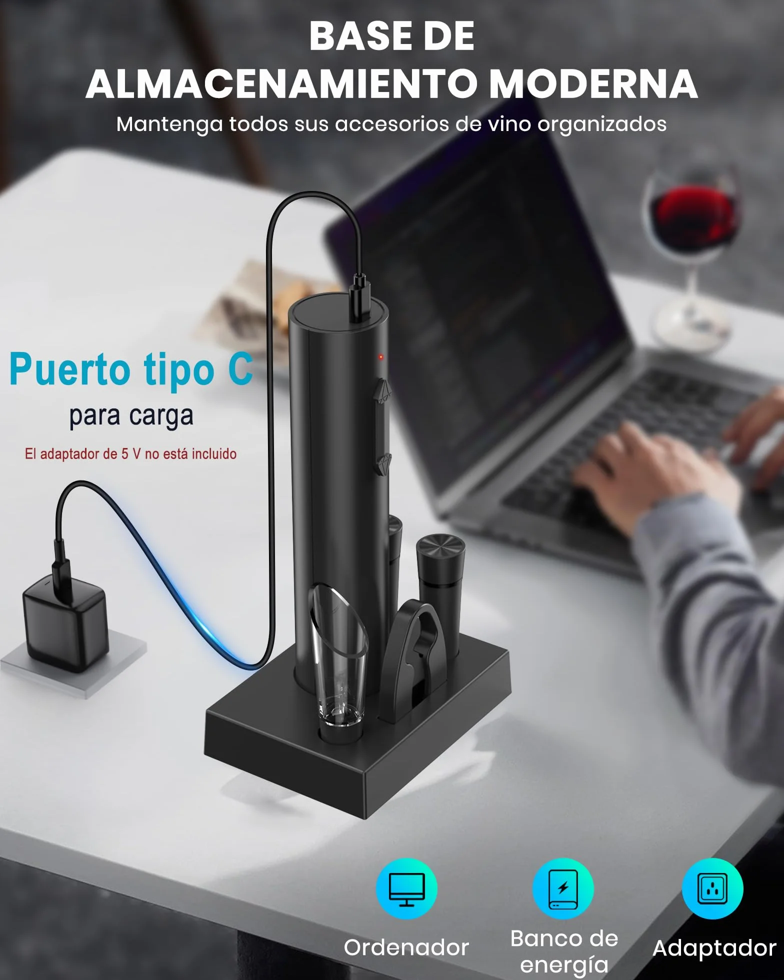 Sacacorchos eléctrico recargable, abridor de vino electrico saca rolhas regalos para hombre mujere abrebotellas con vertedor aireador, 2 tapón de vino al vacío, cortador láminas y cable USB