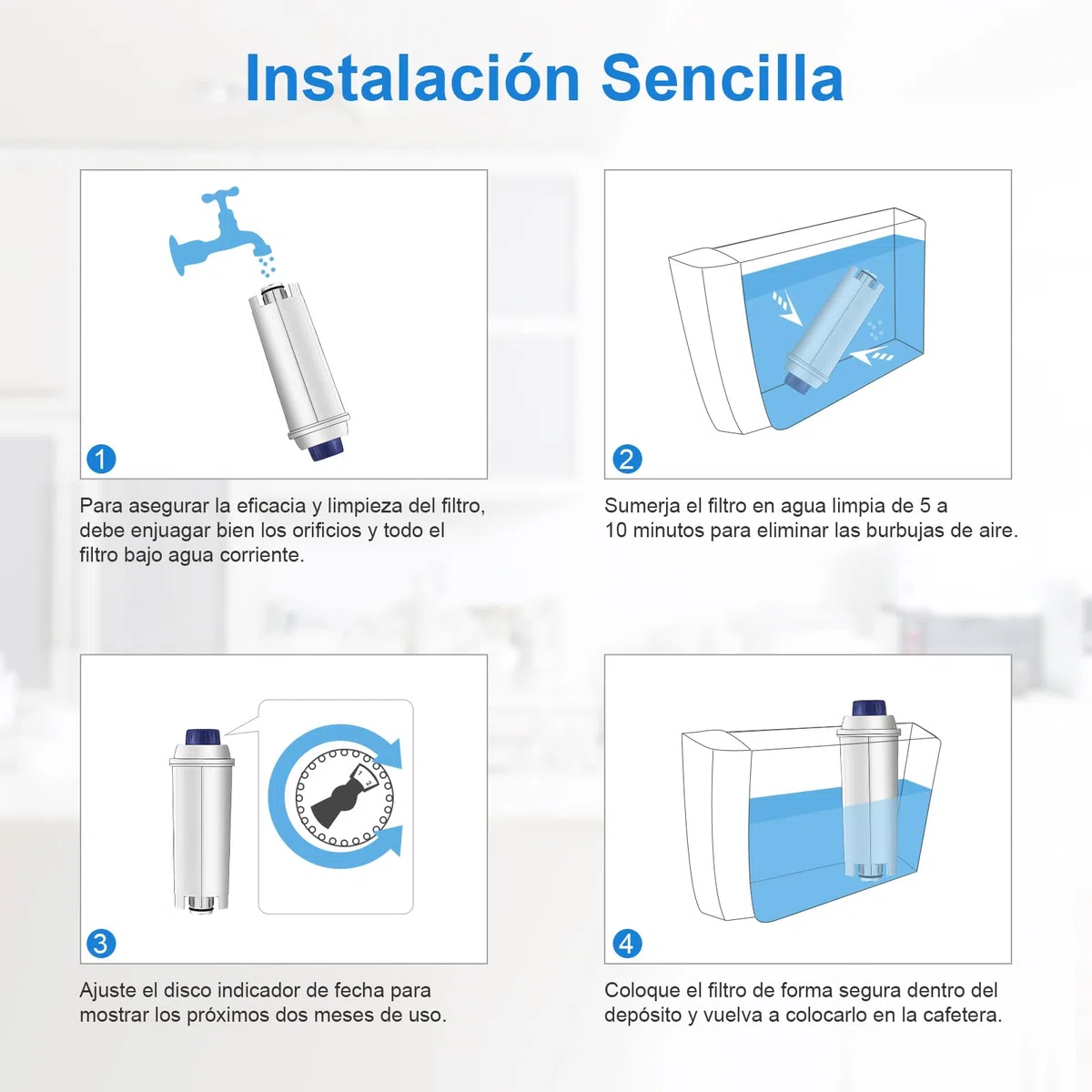Filtro de Agua, Reemplazo para Filtro DLSC002, Compatible con Cafeteras De'Longhi Dinamica, Magnifica S, Eletta Explorer, ETAM Autentica EPAM y Serie ECAM (paquete de 6)