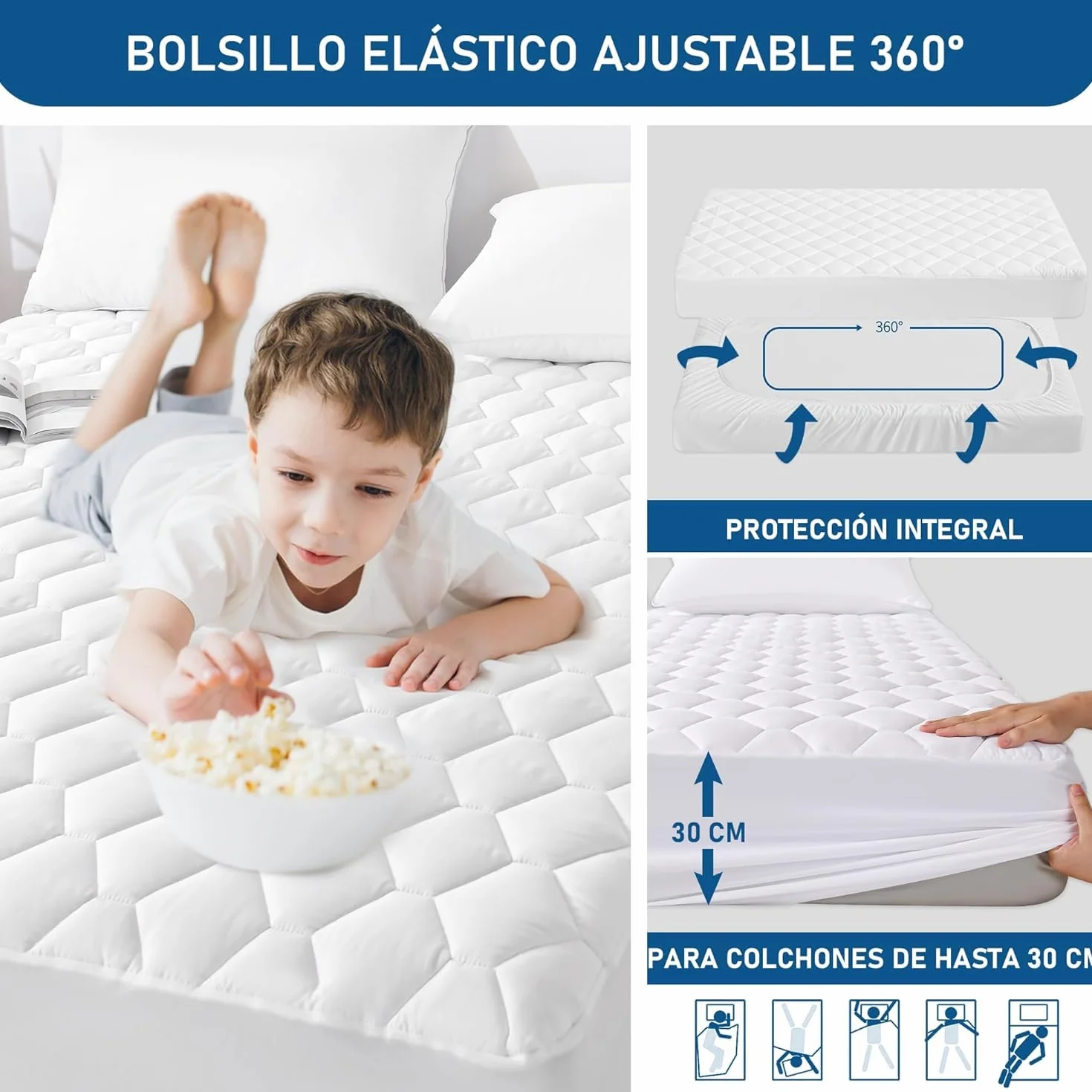 GRT Protector de Colchón Acolchado Impermeable, Cubre Colchón Transpirable Certificado Oeko-Tex, Funda para Colchón Estira hasta 30 cm, Blanco 90x190 cm