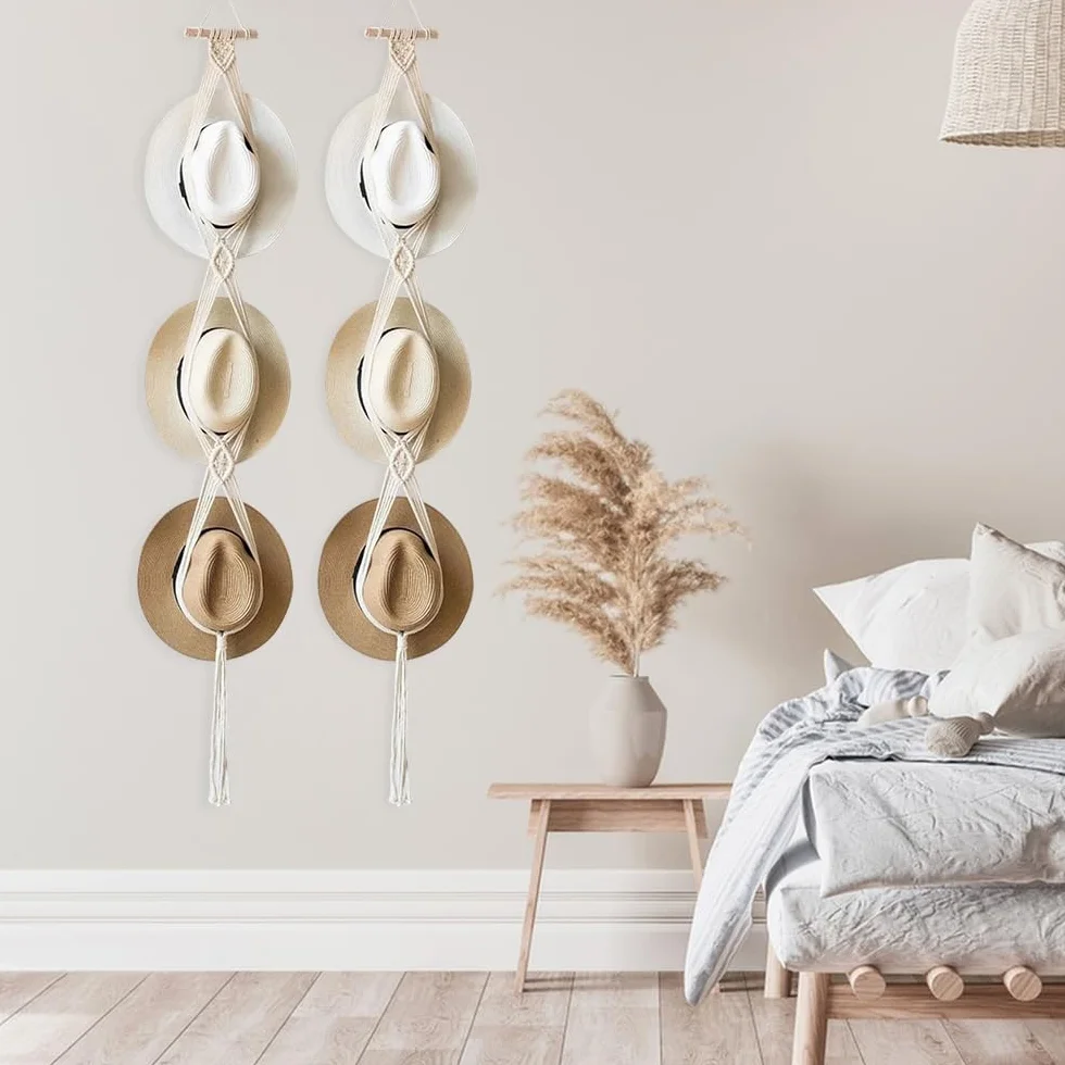 Paquete de 2 perchas para sombreros de macramé, soporte de cuerda de algodón para sombreros, soporte para gorras, perchas para puertas para sombreros de ala ancha, bufandas, bolsos, toallas