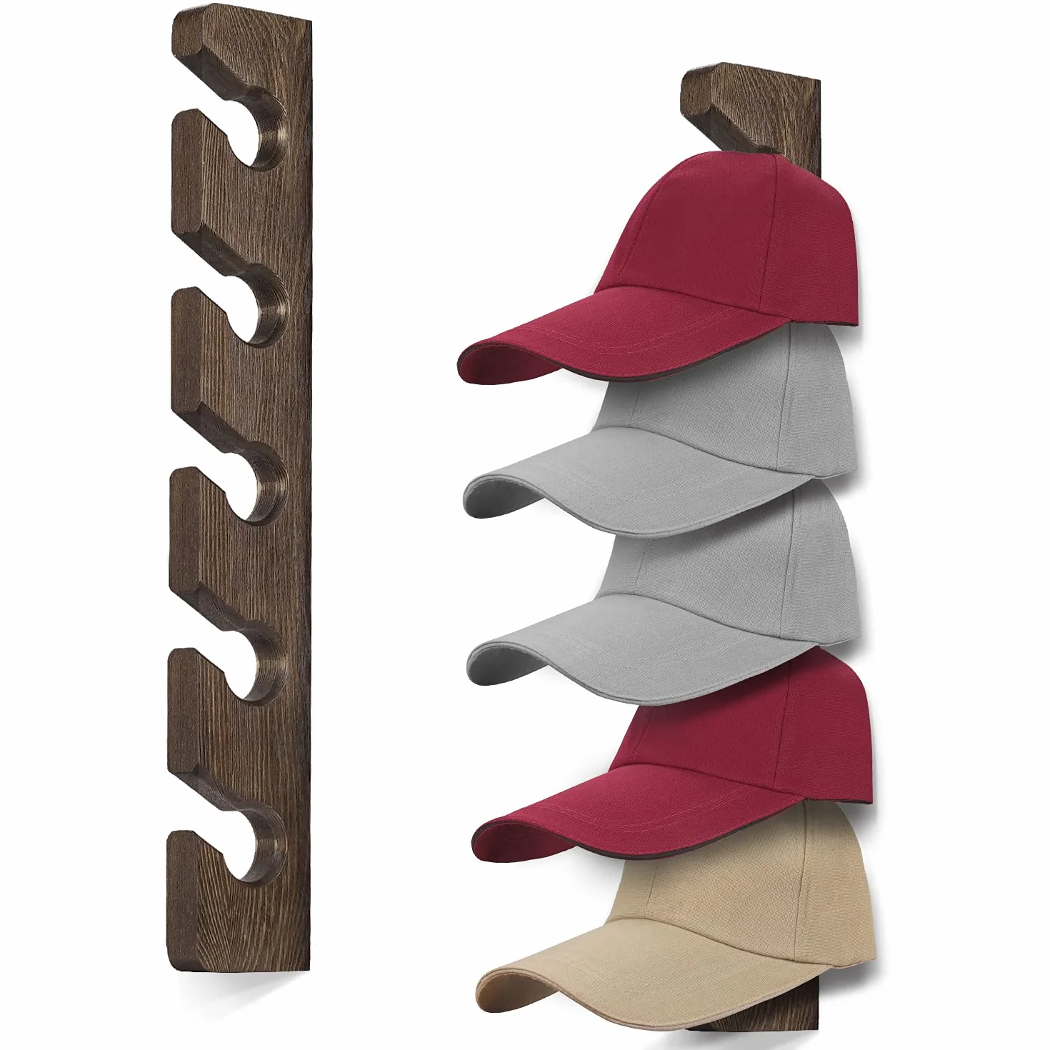Perchero organizador de gorras de béisbol para pared (paquete de 2) soporte de madera para sombreros montado en la pared marrón