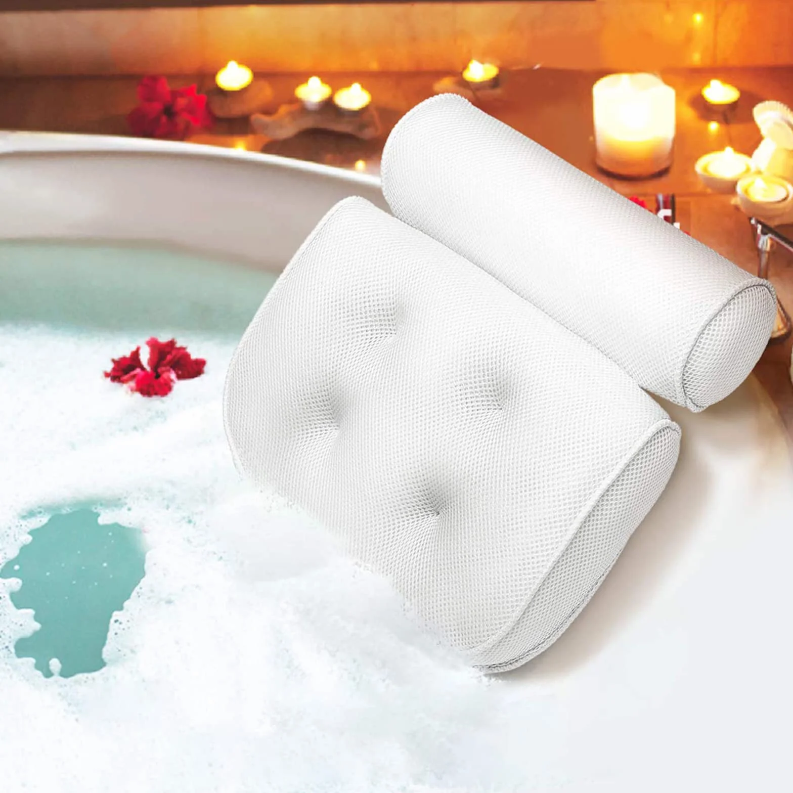 Almohada de Baño, Almohada de Bañera con 6 Ventosas Antideslizantes y 1 Gancho, Almohada de Bañera de SPA Suave de Malla 3D, Almohadas de Baño para Soporte de Cuello y Espalda de Bañera