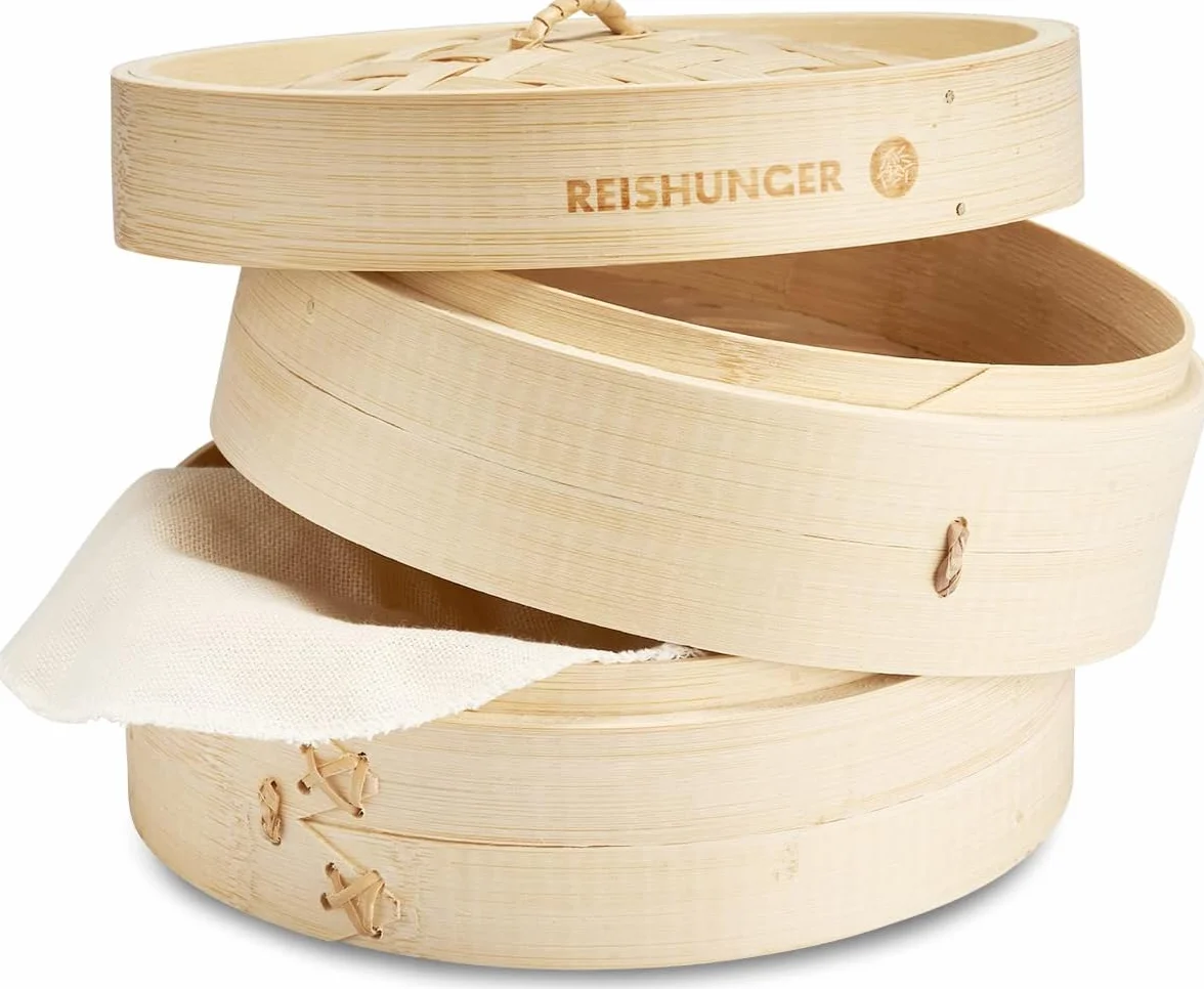 Vaporera de bambú REISHUNGER Ø 25 cm 2 Pisos para arroz, dim sum, verduras, pescado y carne